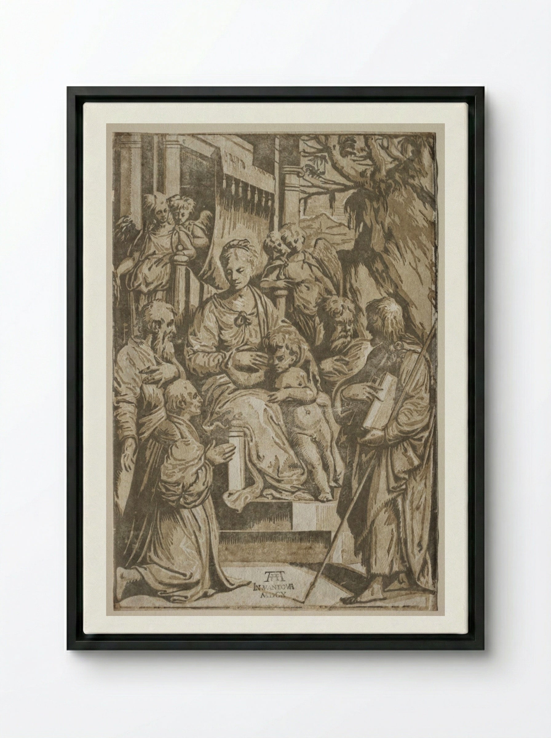 The Virgin and Child with Saints and a Donor - Andrea Andreani - Framed Canvas Black
