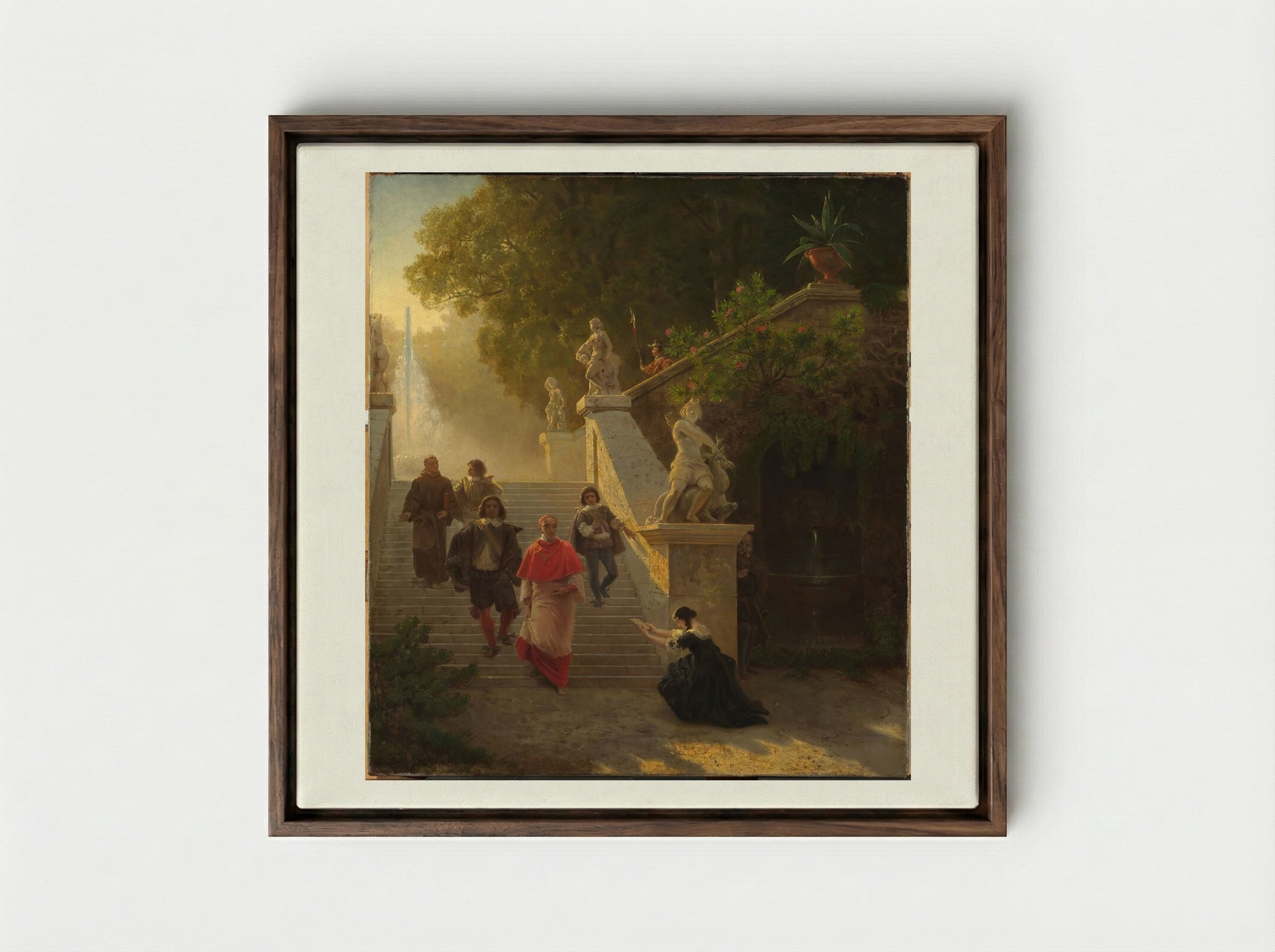 A Cardinal and his Entourage in a Park - Emanuel Gottlieb Leutze - Framed Canvas Dark Wood