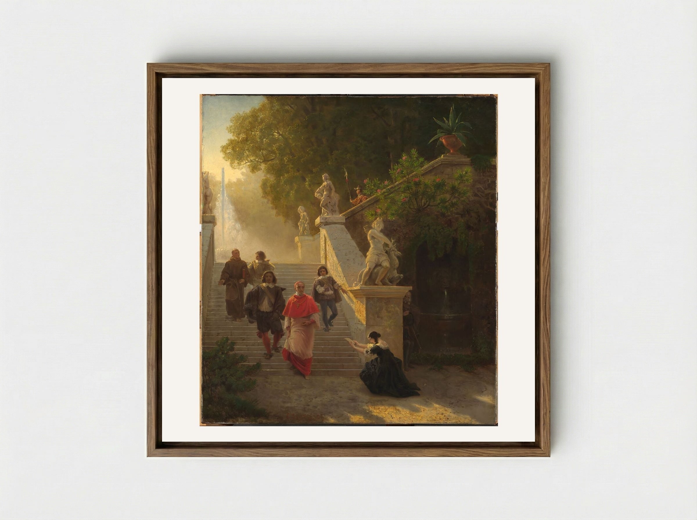 A Cardinal and his Entourage in a Park - Emanuel Gottlieb Leutze - Framed Canvas Wood