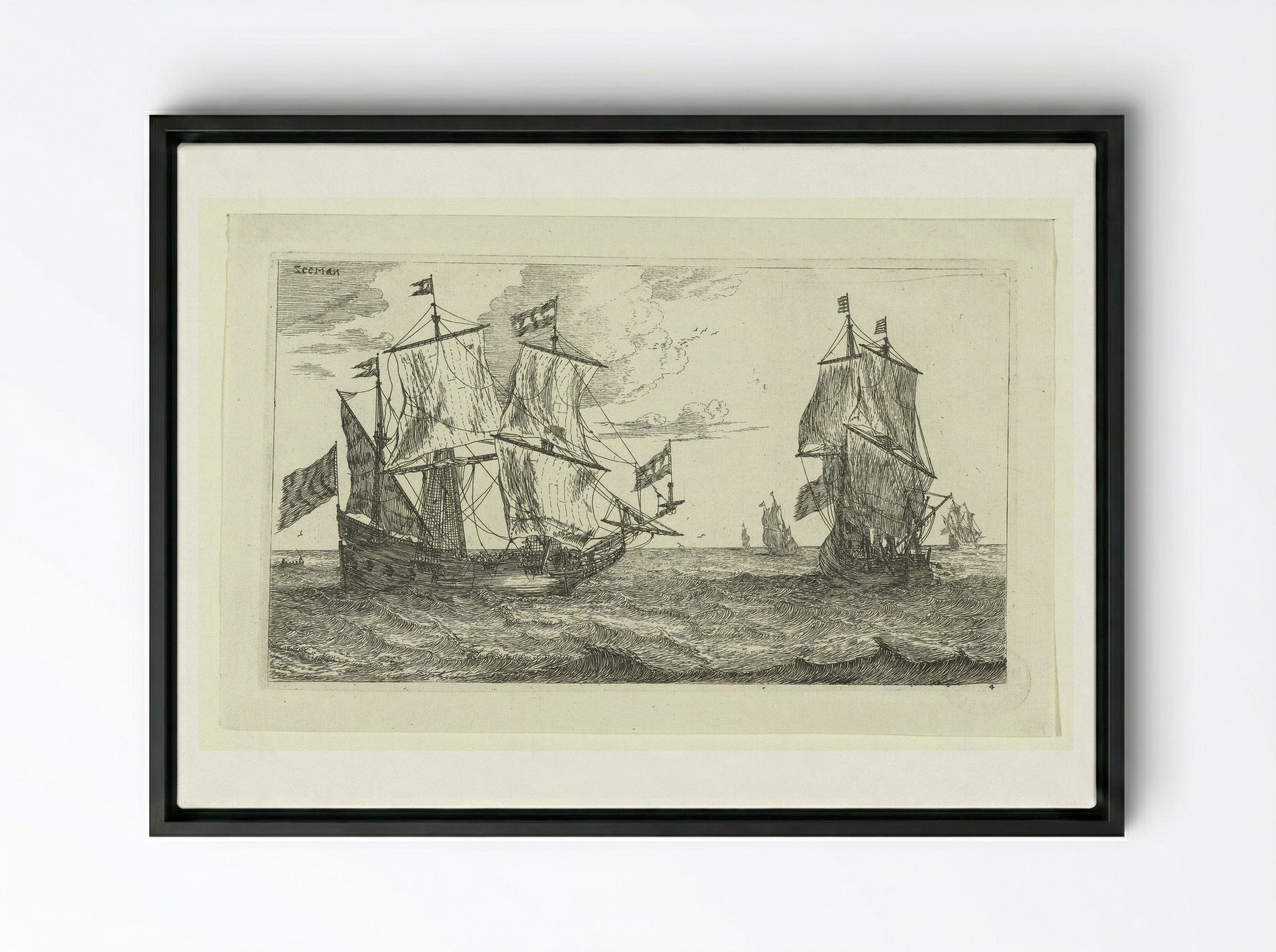 Twee grote zeilschepen met vlaggen - Jacques van Merlen - Framed Canvas Black