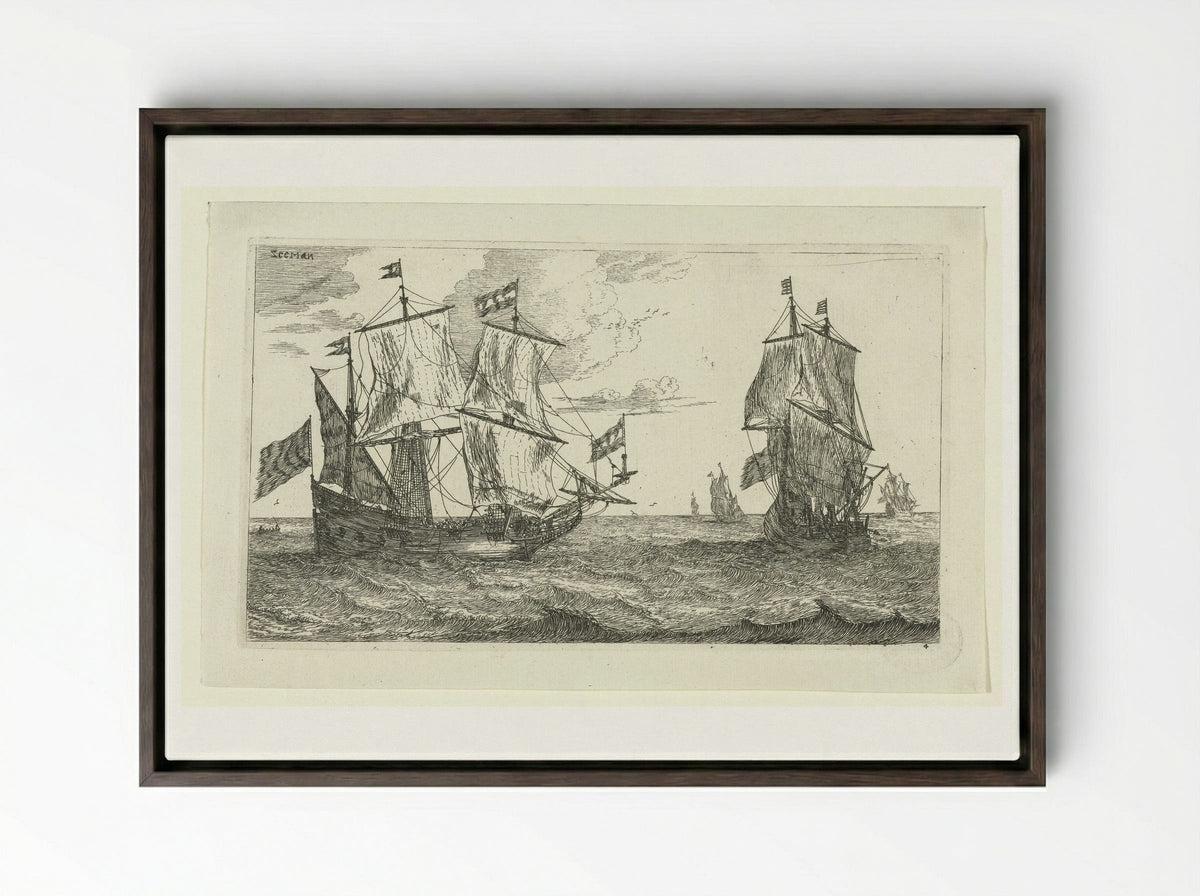 Twee grote zeilschepen met vlaggen - Jacques van Merlen - Framed Canvas Dark Wood