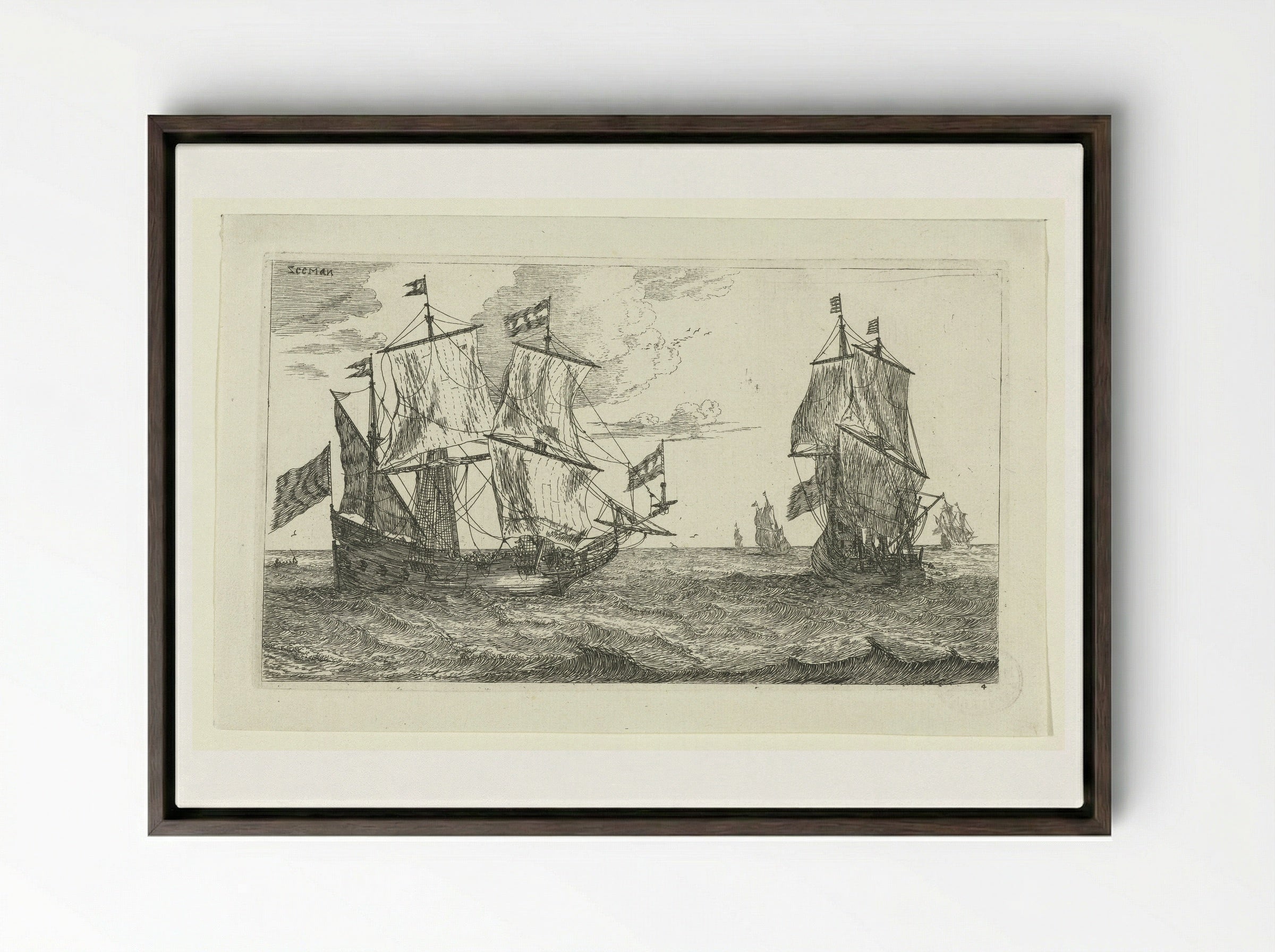 Twee grote zeilschepen met vlaggen - Jacques van Merlen - Framed Canvas Dark Wood