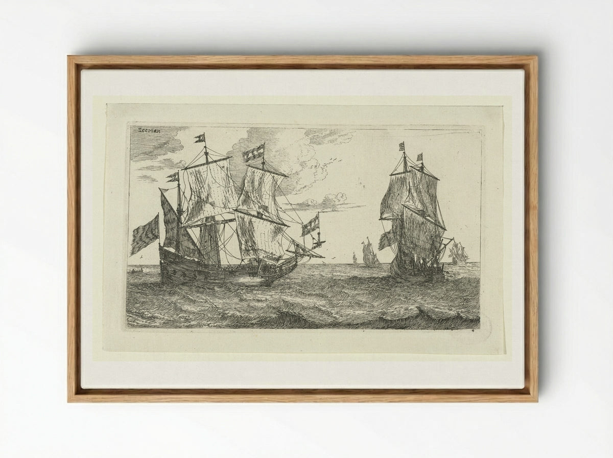Twee grote zeilschepen met vlaggen - Jacques van Merlen - Framed Canvas Wood