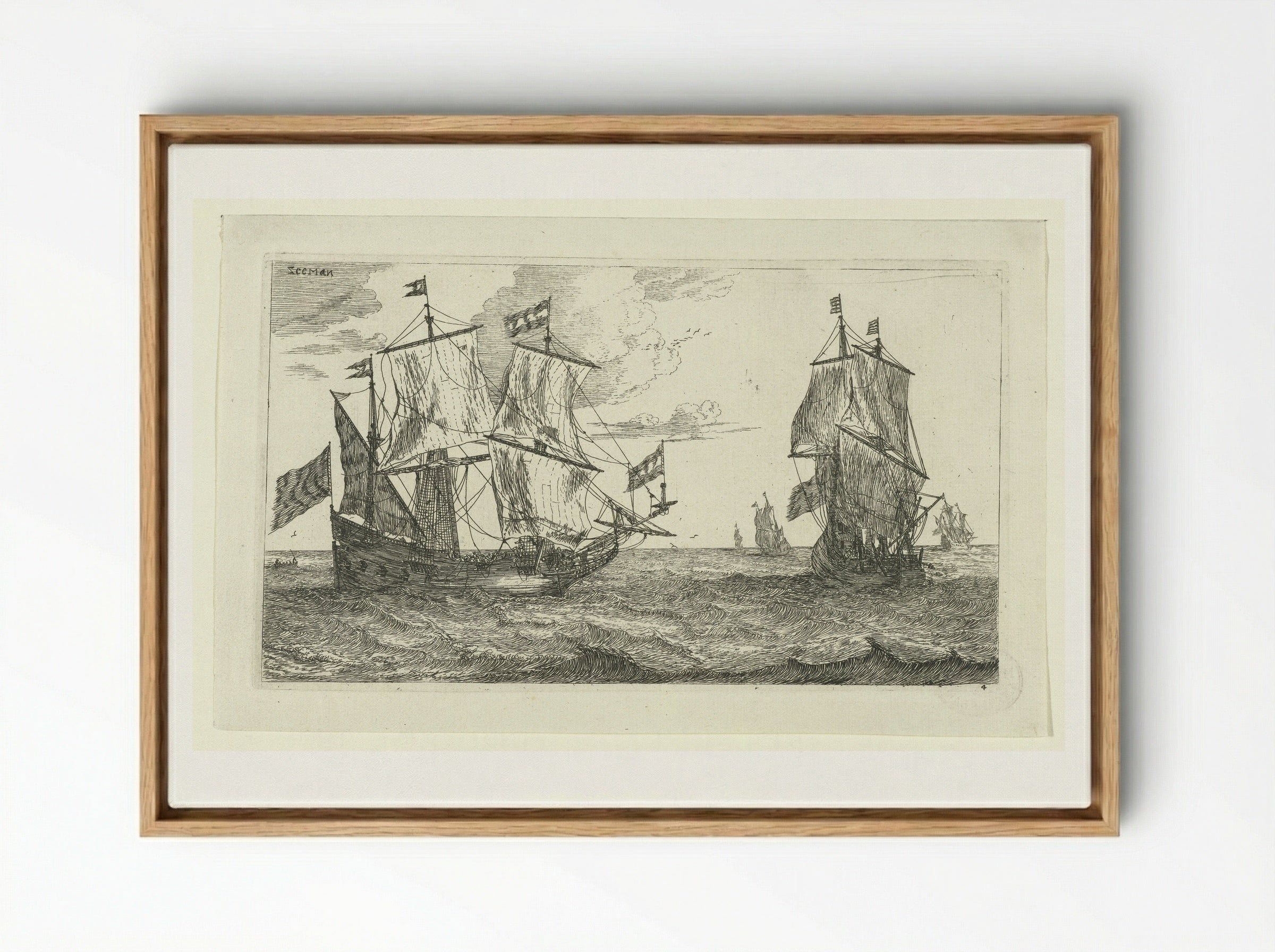 Twee grote zeilschepen met vlaggen - Jacques van Merlen - Framed Canvas Wood