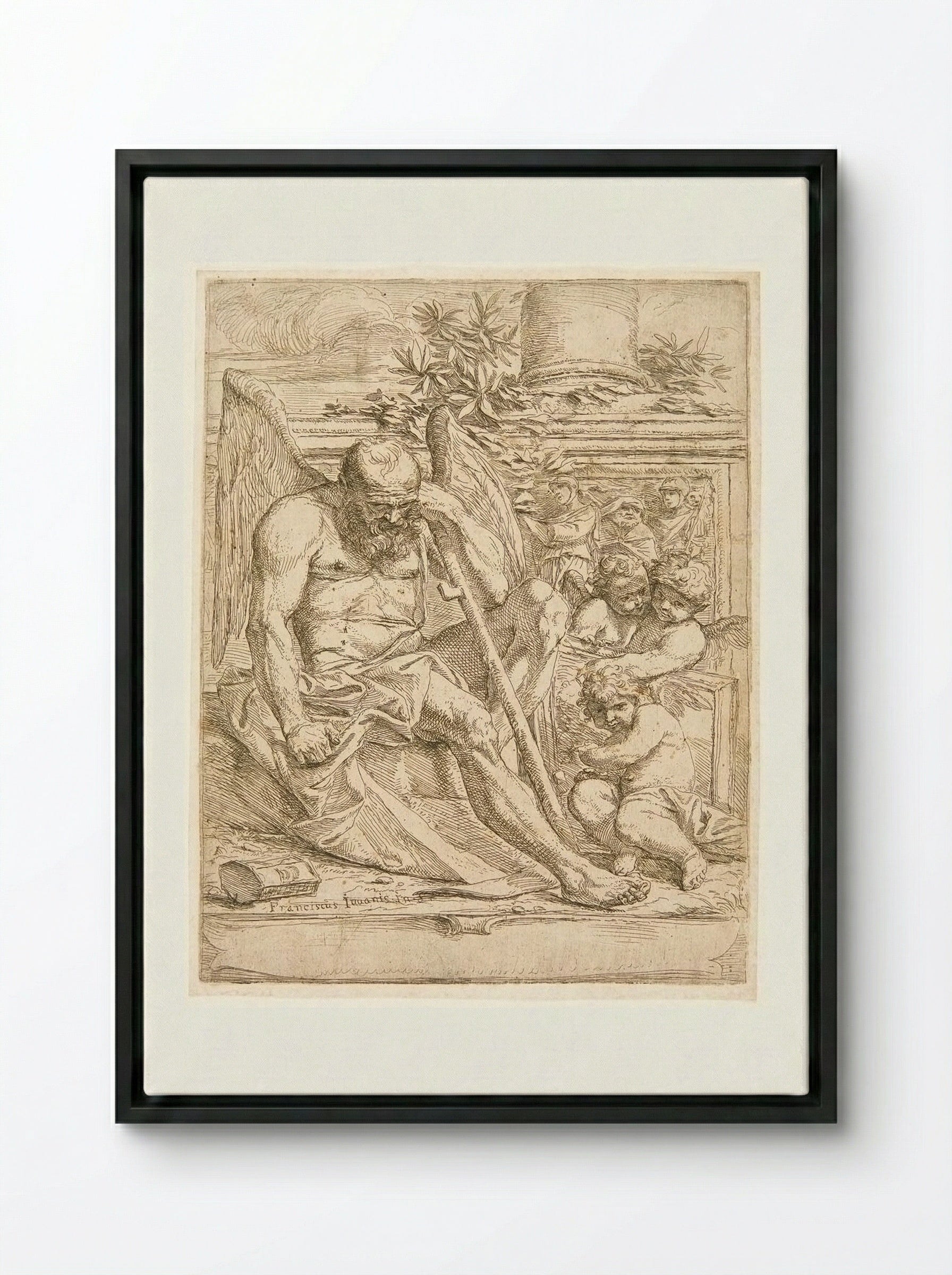 Saturn, Seated with three Putti Holding a Painting - Giovanni Francesco Grimaldi - Framed Canvas Black