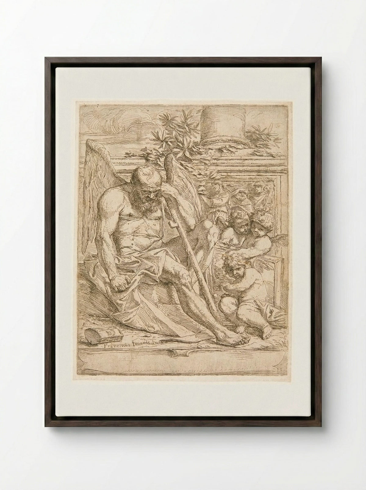 Saturn, Seated with three Putti Holding a Painting - Giovanni Francesco Grimaldi - Framed Canvas Dark Wood