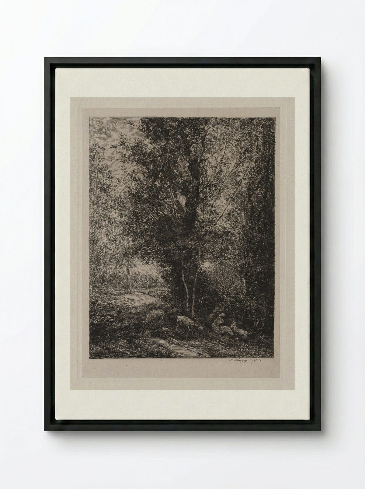 The Shepherd and the Shepherdess - Charles-François Daubigny - Framed Canvas Black