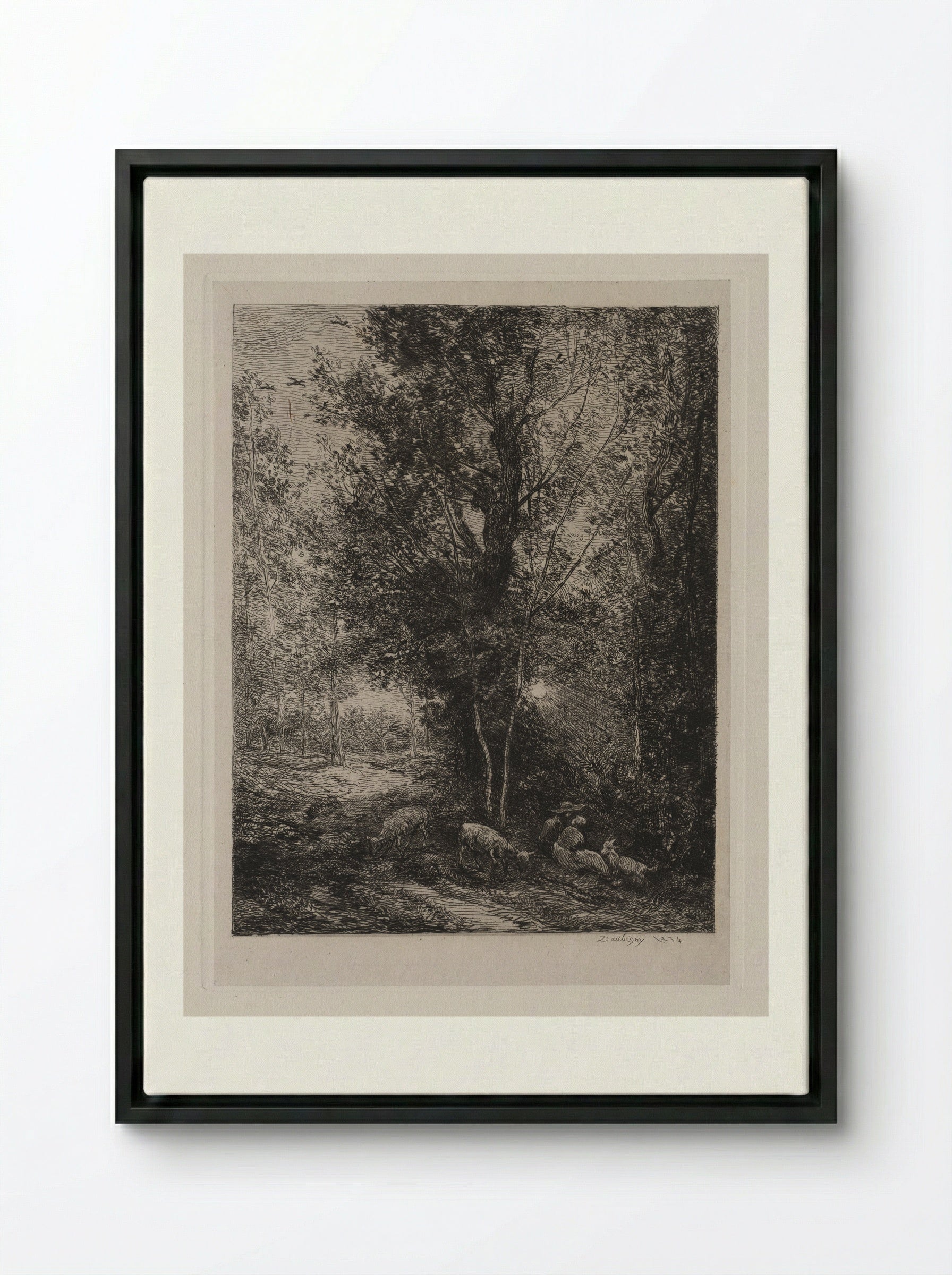 The Shepherd and the Shepherdess - Charles-François Daubigny - Framed Canvas Black