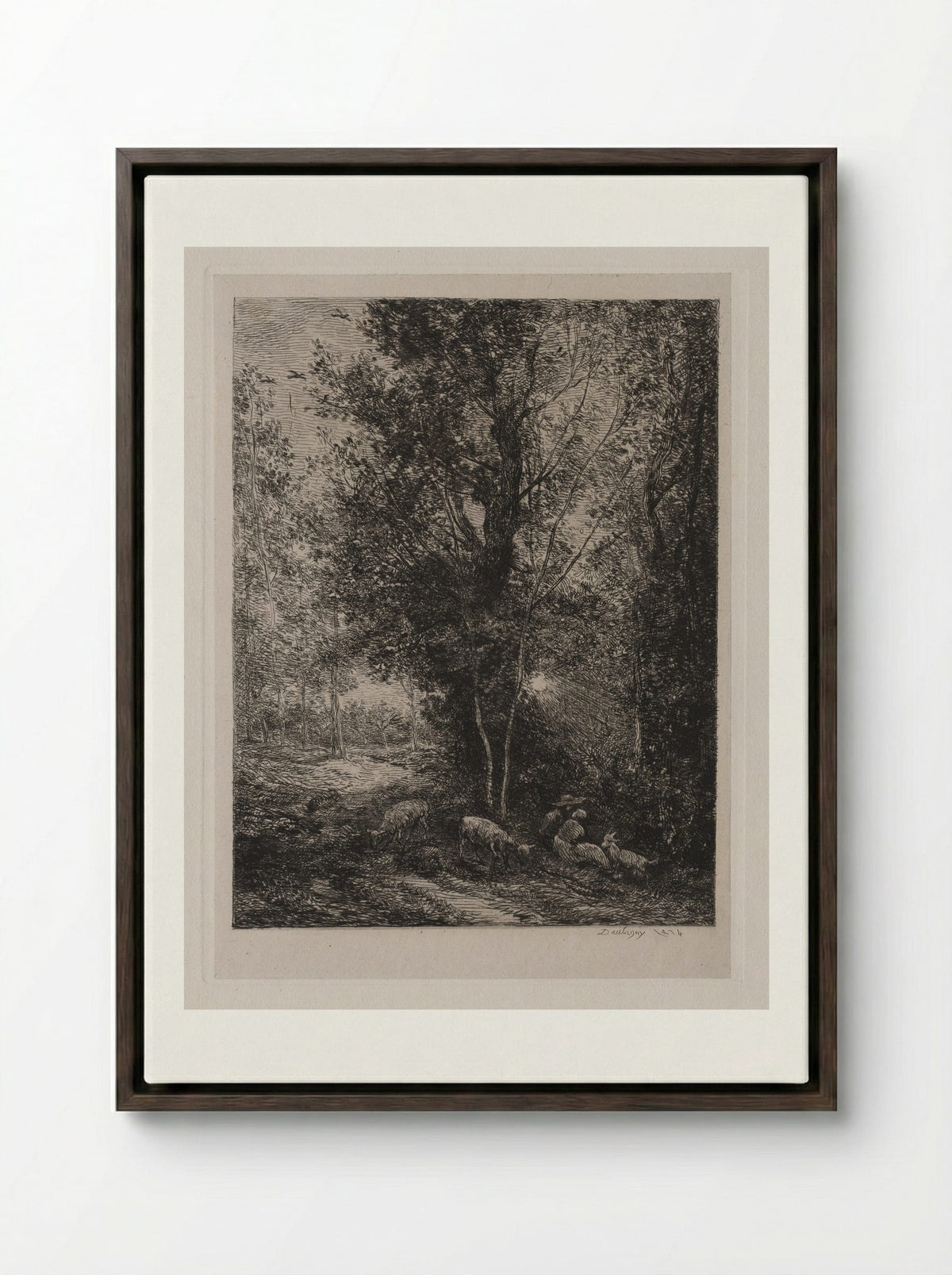 The Shepherd and the Shepherdess - Charles-François Daubigny - Framed Canvas Dark Wood