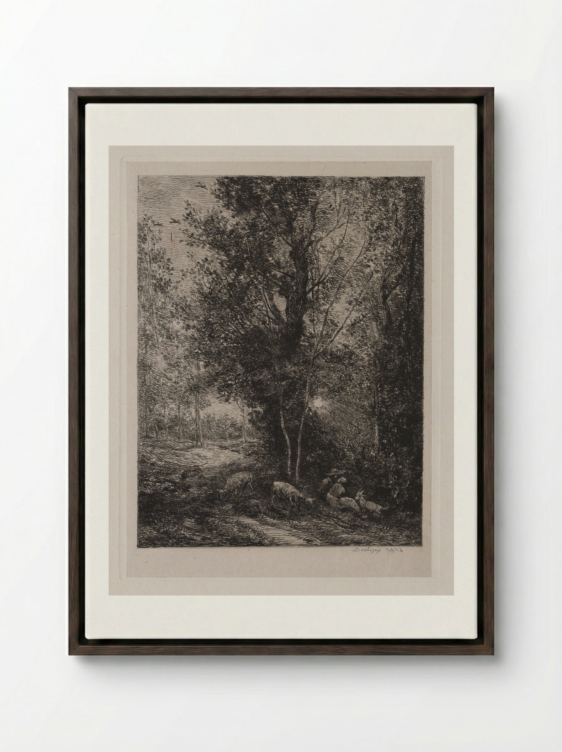 The Shepherd and the Shepherdess - Charles-François Daubigny - Framed Canvas Dark Wood