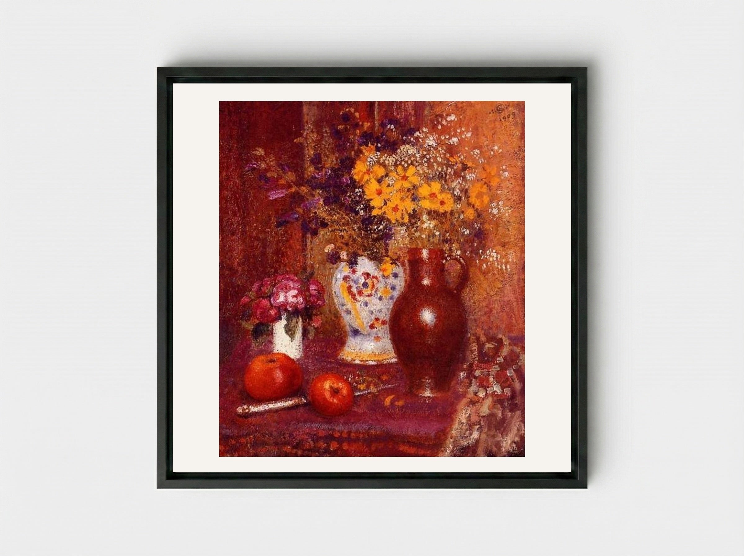 Flowers and Apples - Georges Lemmen - Framed Canvas Black