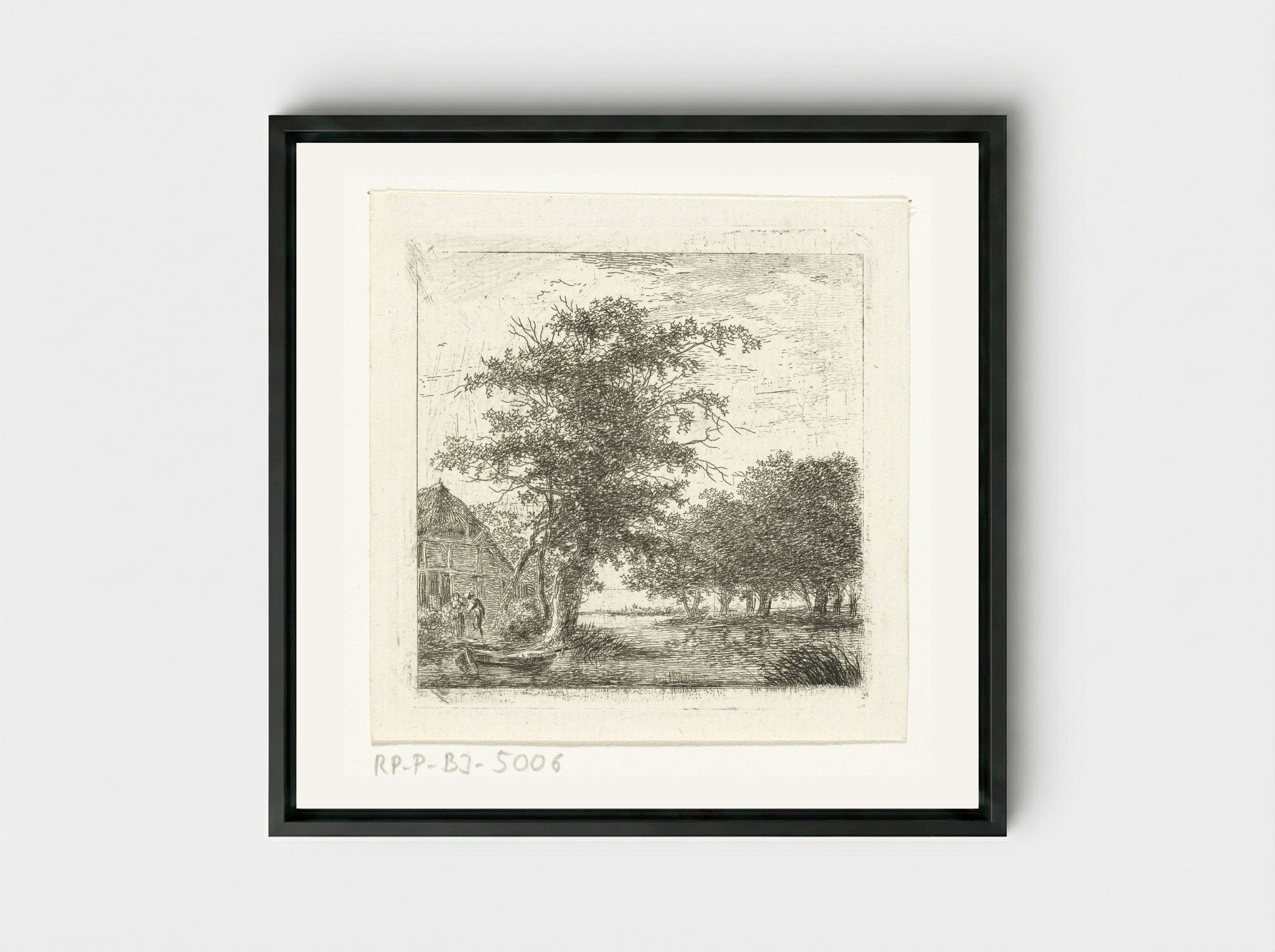 River in a Wooded Landscape - Hermanus van Brussel - Framed Canvas Black