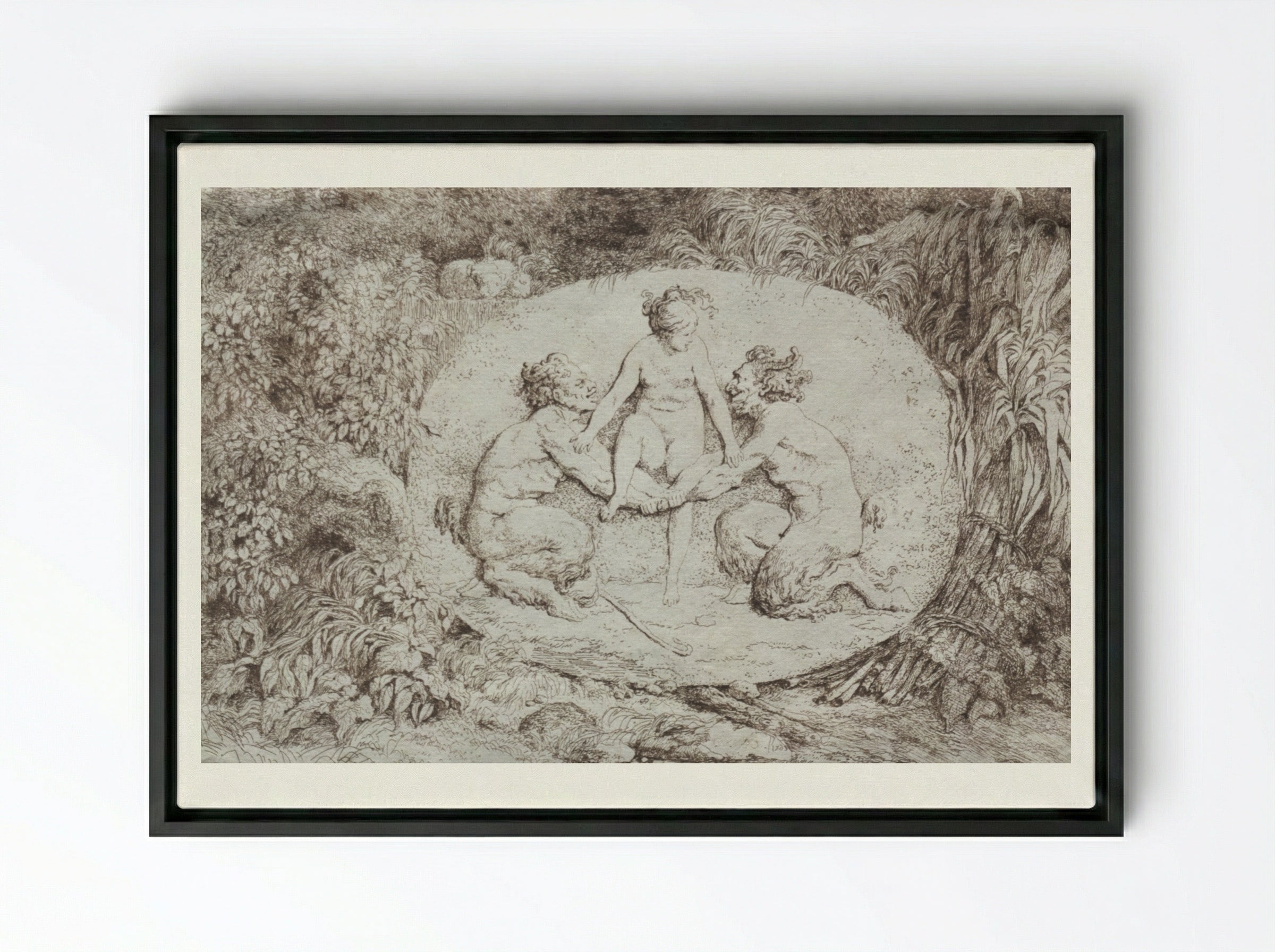 Bacchanales: Nymph Supported by Two Satyrs - Jean-Honoré Fragonard - Framed Canvas Black