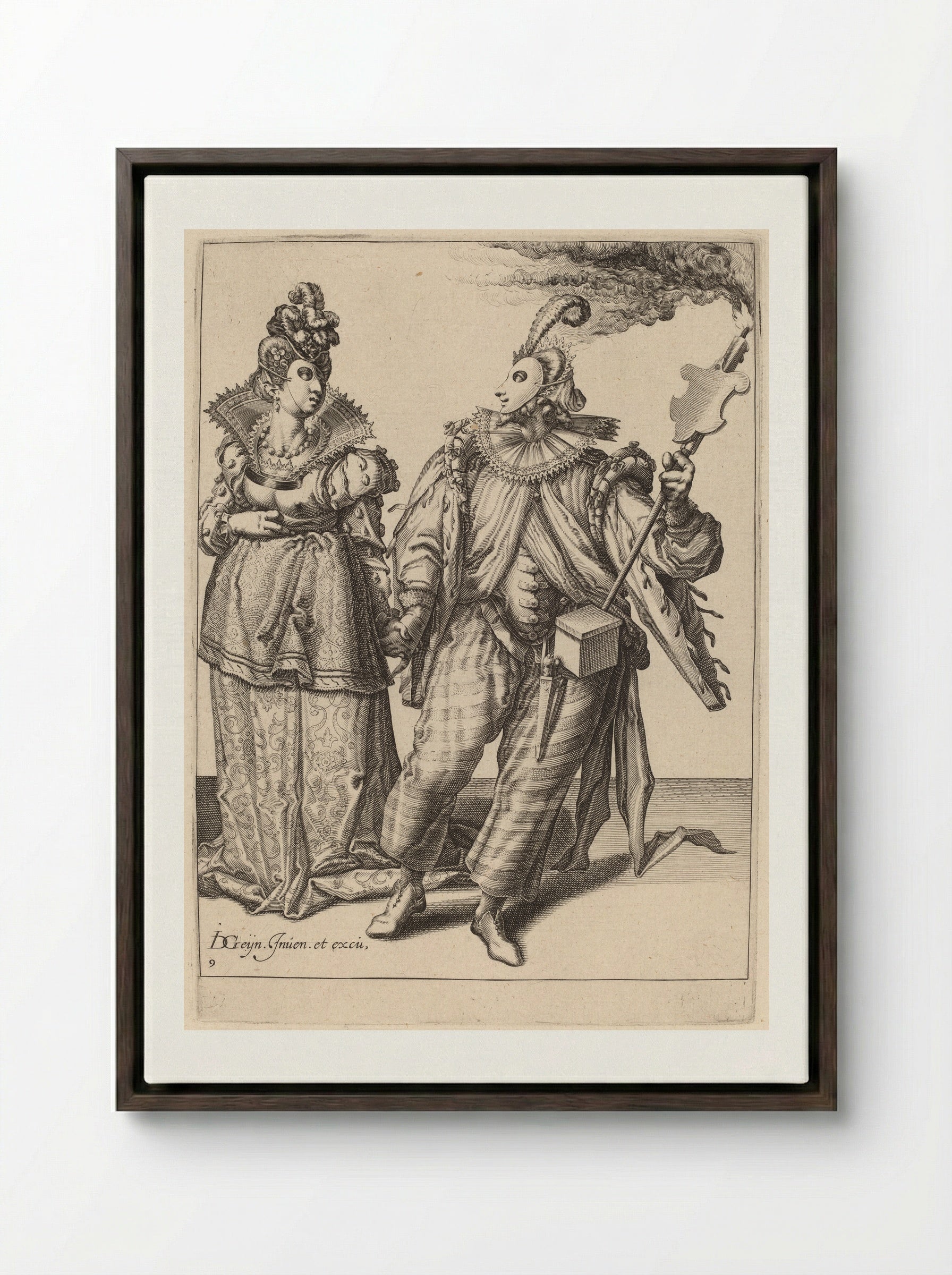 A Man with a Turban Leading a Woman Who is Wearing Peacock Feathers, Behind Them a Torch-Bearer - Zacharias Dolendo - Framed Canvas Dark Wood