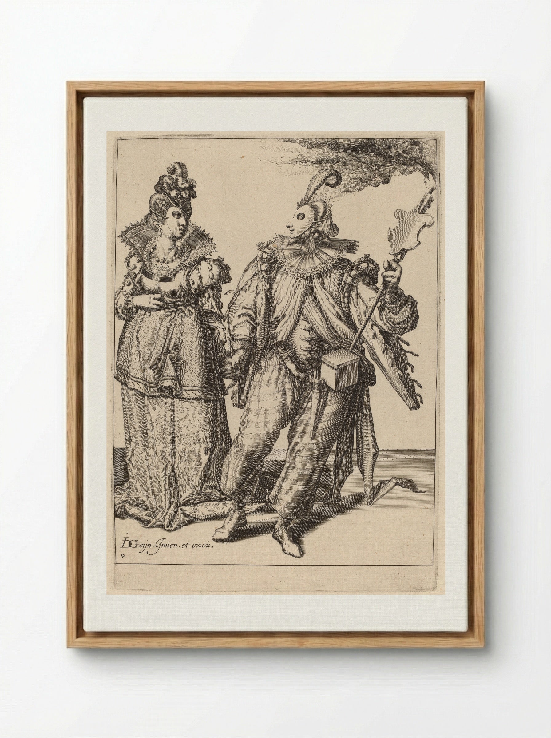 A Man with a Turban Leading a Woman Who is Wearing Peacock Feathers, Behind Them a Torch-Bearer - Zacharias Dolendo - Framed Canvas Wood