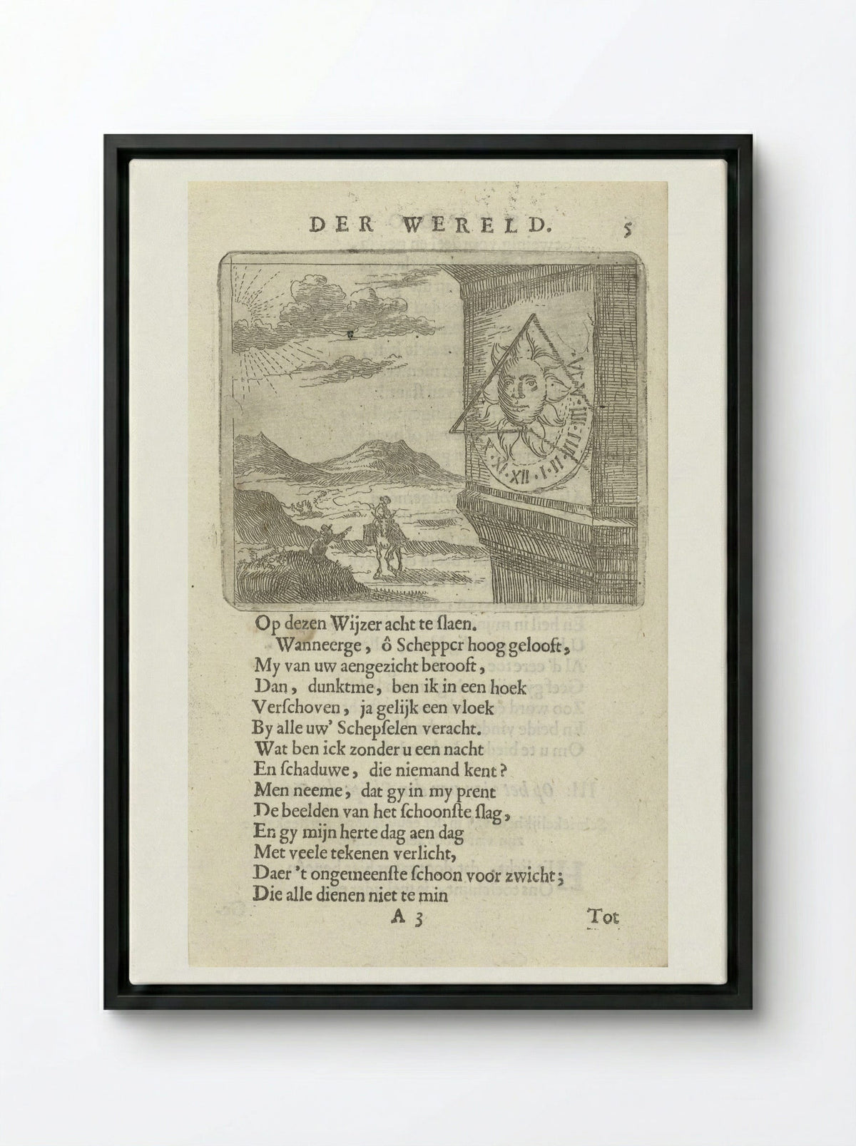 Zonnewijzer in een landschap met twee figuren - Arnold Houbraken - Framed Canvas Black