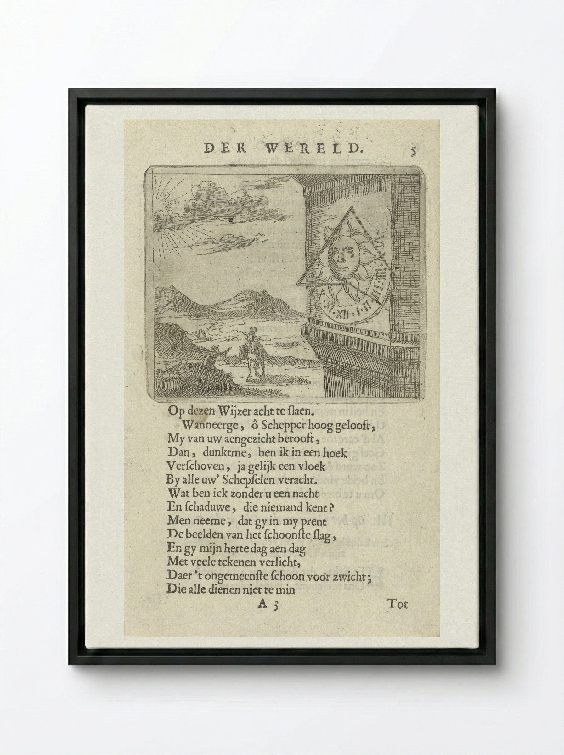 Zonnewijzer in een landschap met twee figuren - Arnold Houbraken - Framed Canvas Black