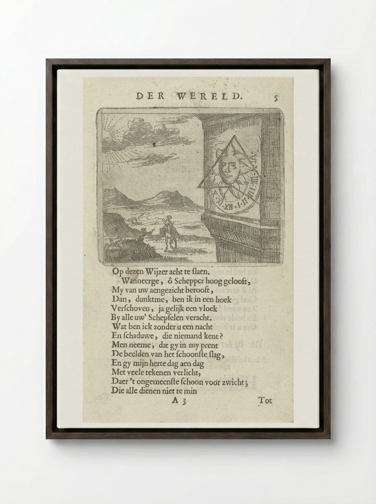 Zonnewijzer in een landschap met twee figuren - Arnold Houbraken - Framed Canvas Dark Wood