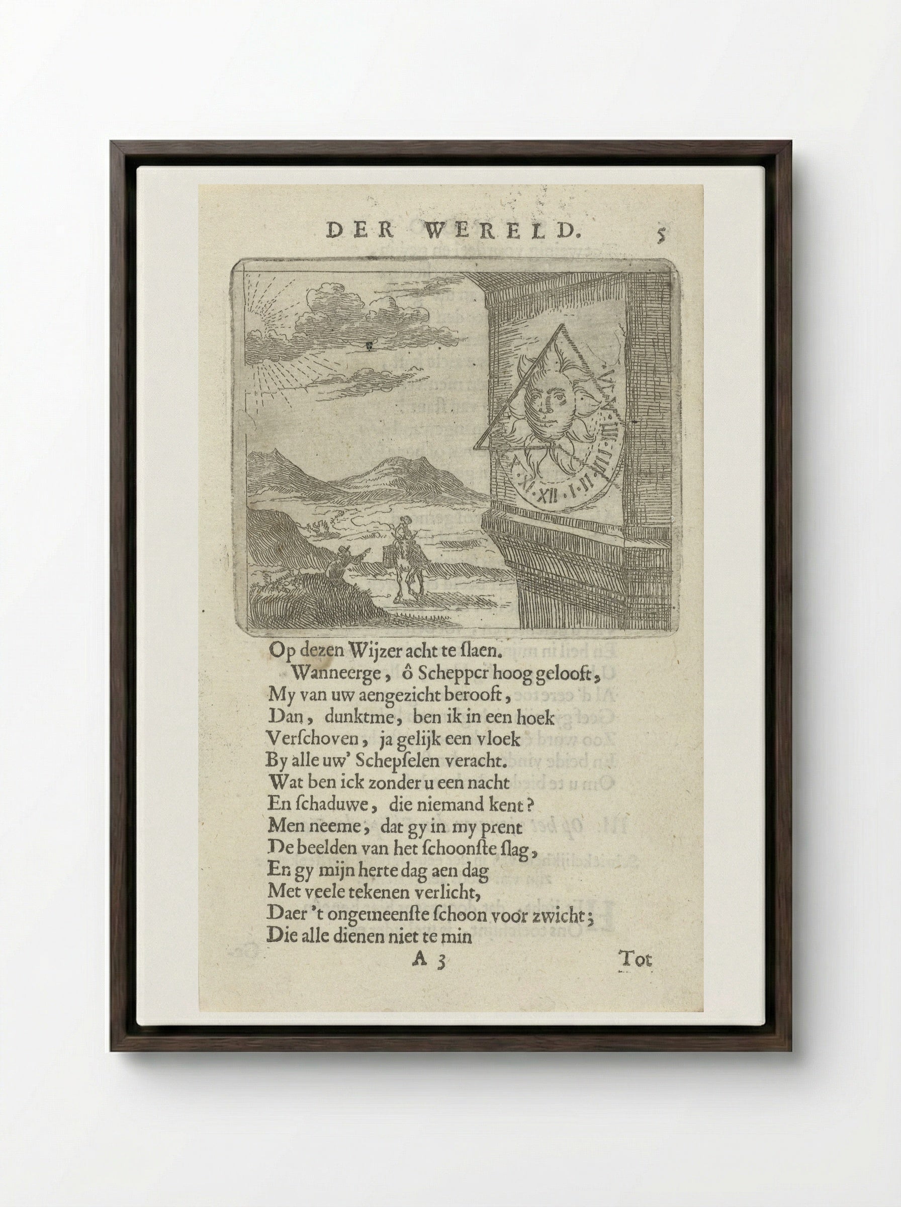 Zonnewijzer in een landschap met twee figuren - Arnold Houbraken - Framed Canvas Dark Wood