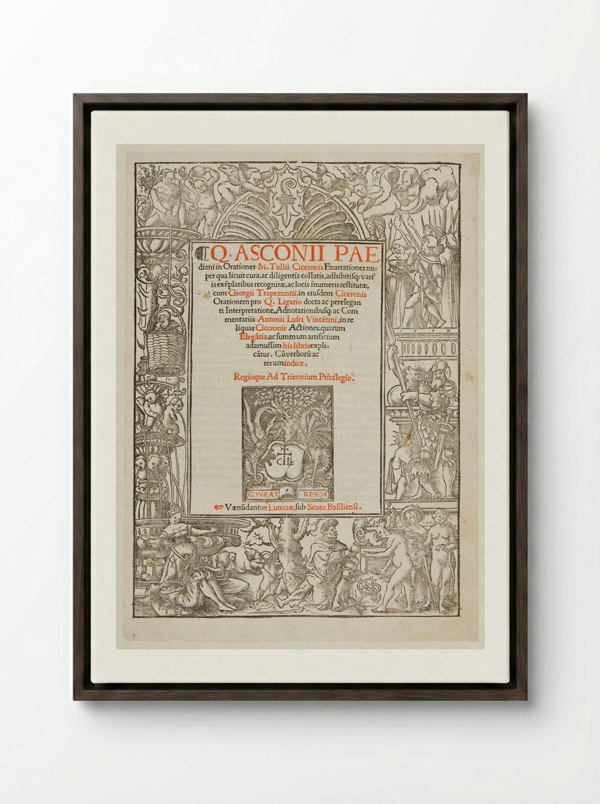 Title-Border with Pyramus and Thisbe, Judgment of Paris, etc. - Urs Graf - Framed Canvas Dark Wood