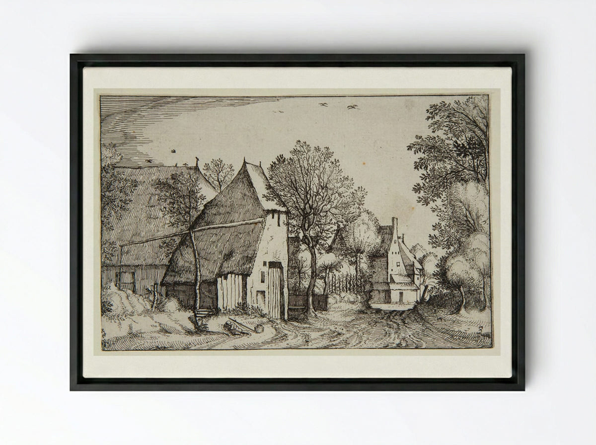 View of a Village with a Traveler Sleeping - Claes Jansz. Visscher - Framed Canvas Black