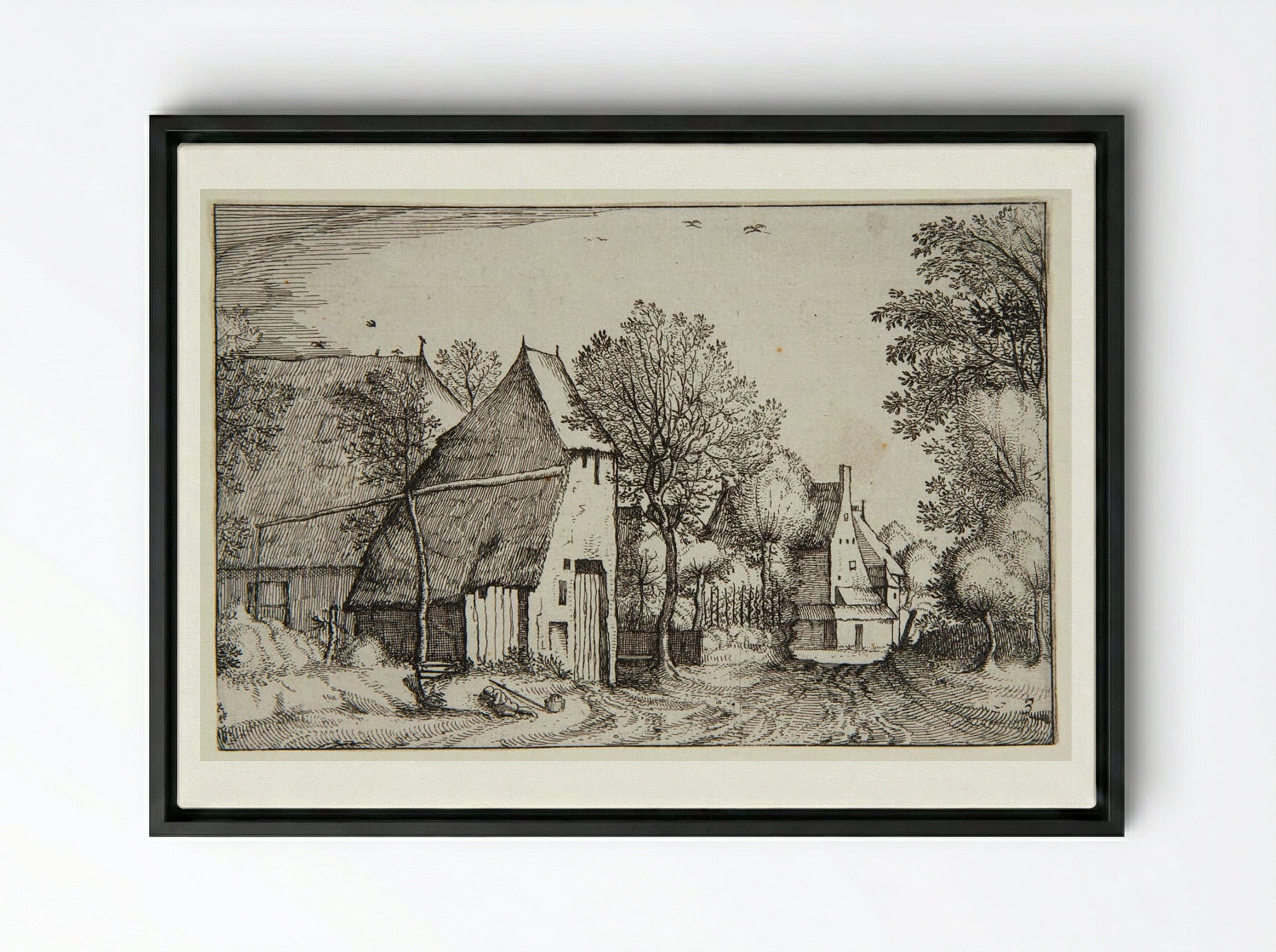 View of a Village with a Traveler Sleeping - Claes Jansz. Visscher - Framed Canvas Black