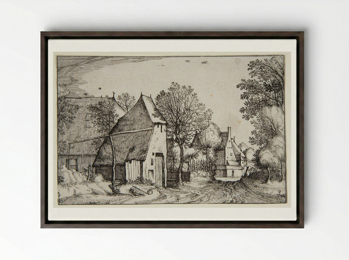View of a Village with a Traveler Sleeping - Claes Jansz. Visscher - Framed Canvas Dark Wood