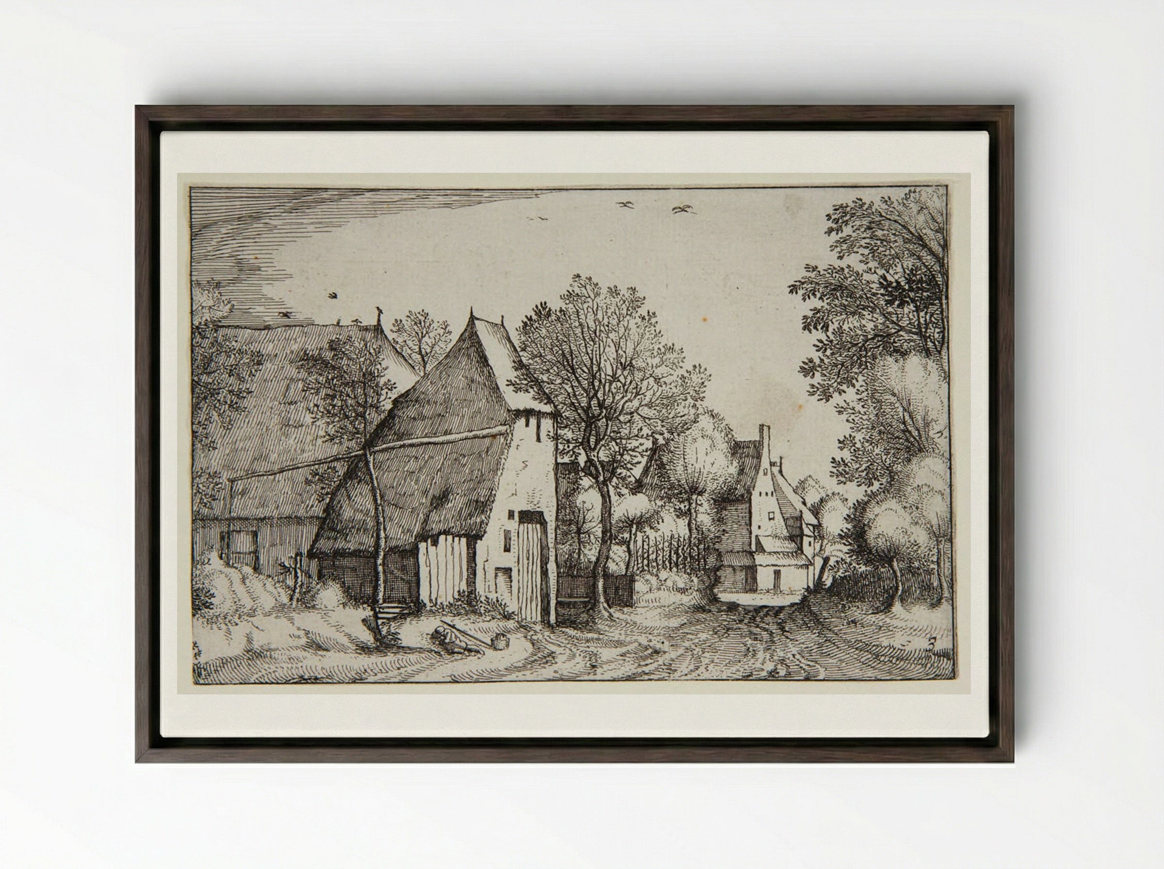 View of a Village with a Traveler Sleeping - Claes Jansz. Visscher - Framed Canvas Dark Wood