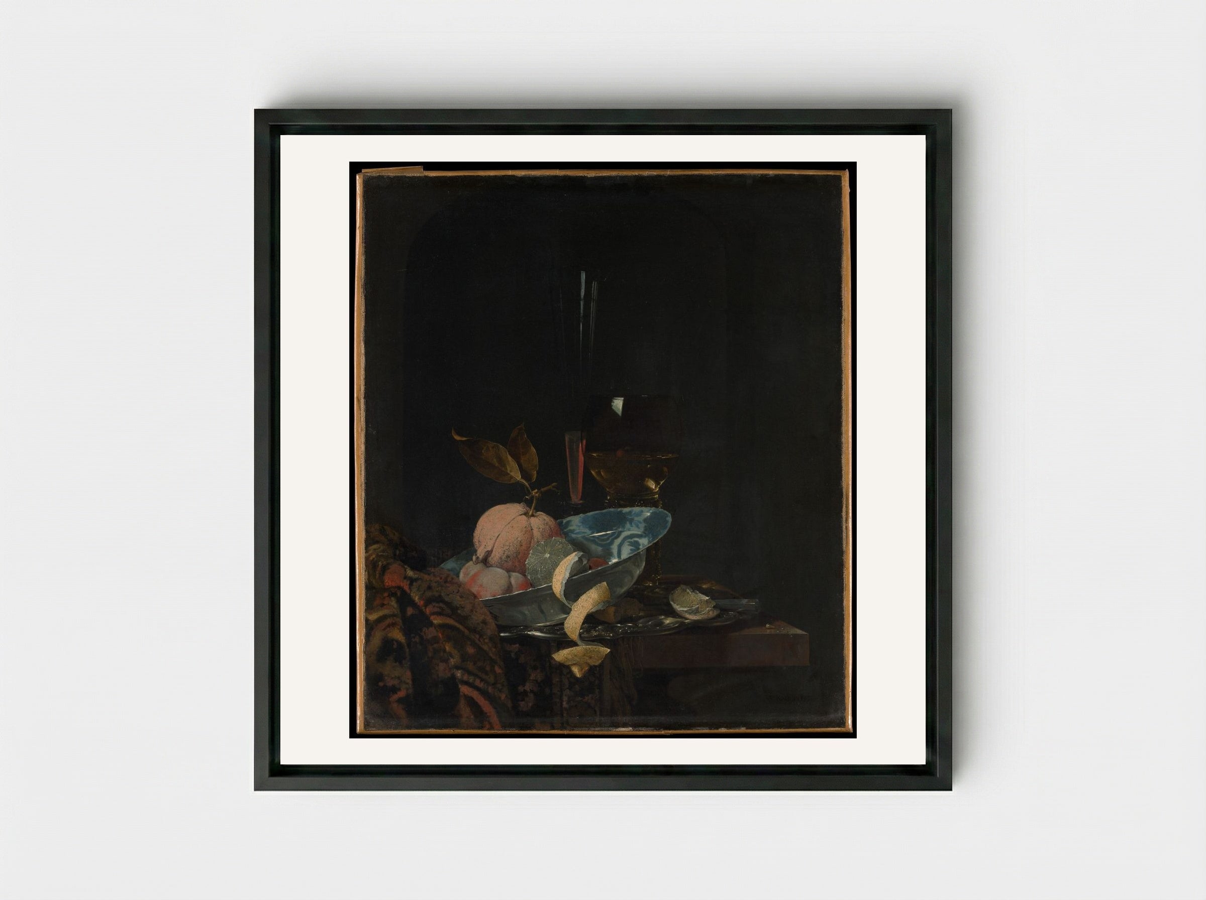 Still Life with Fruit, Glassware, and a Wanli Bowl - Willem Kalf - Framed Canvas Black