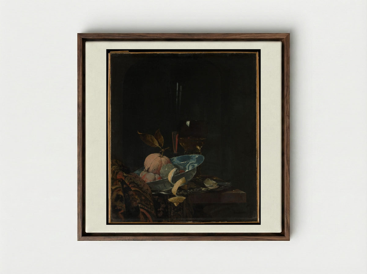 Still Life with Fruit, Glassware, and a Wanli Bowl - Willem Kalf - Framed Canvas Dark Wood