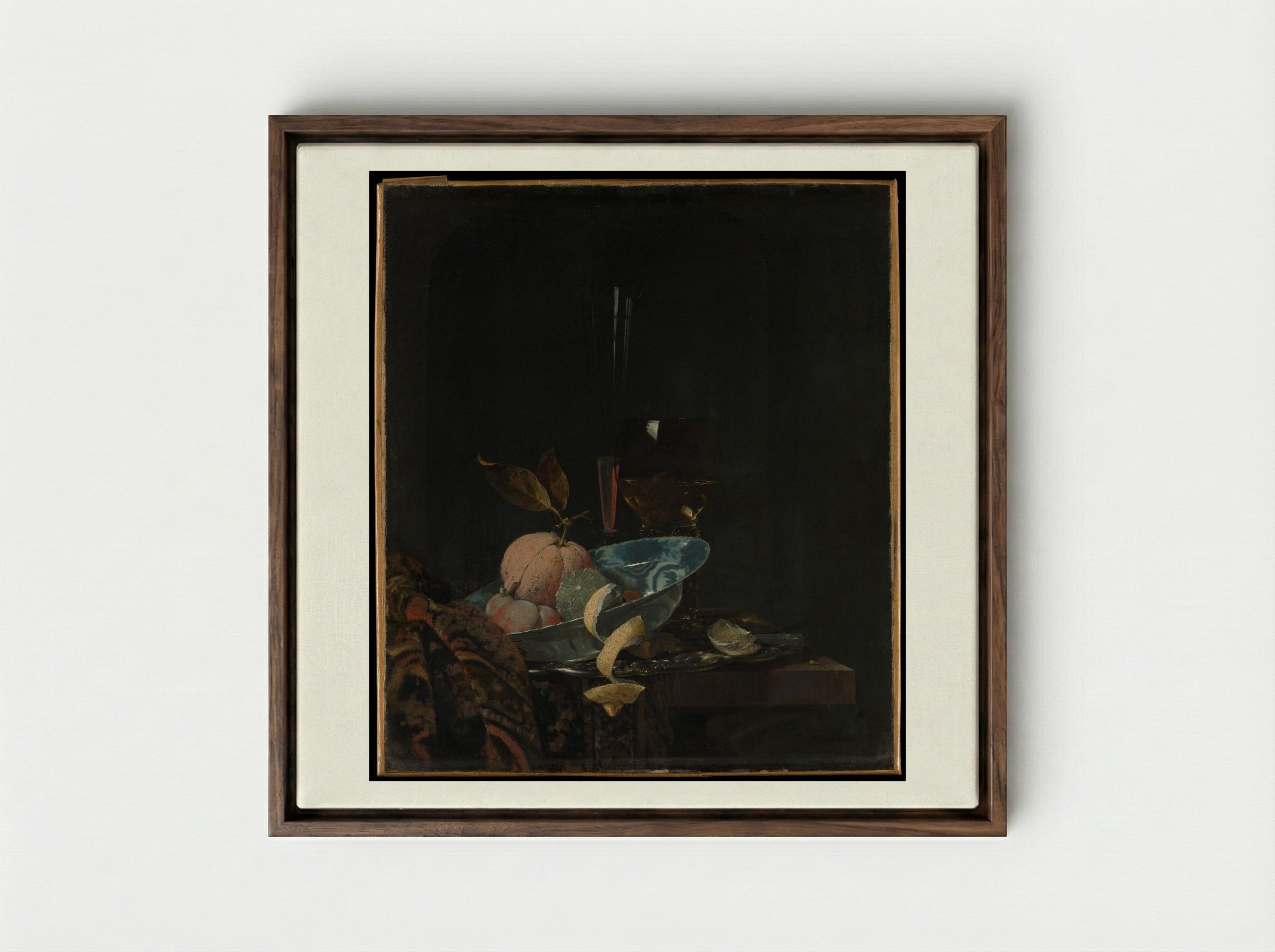 Still Life with Fruit, Glassware, and a Wanli Bowl - Willem Kalf - Framed Canvas Dark Wood