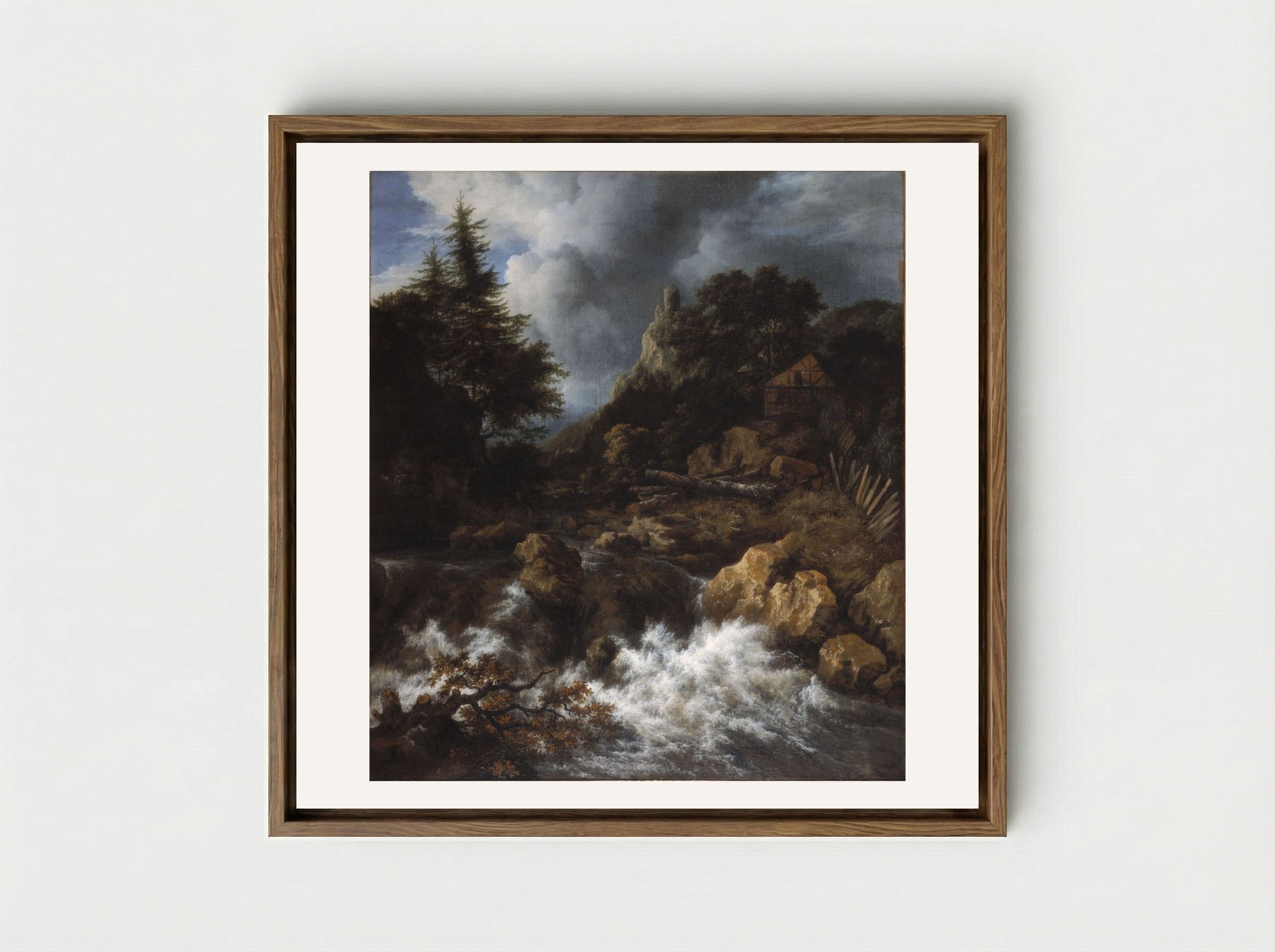 Waterfall with a Half-Timbered House and Castle - Jacob van Ruisdael - Framed Canvas Wood