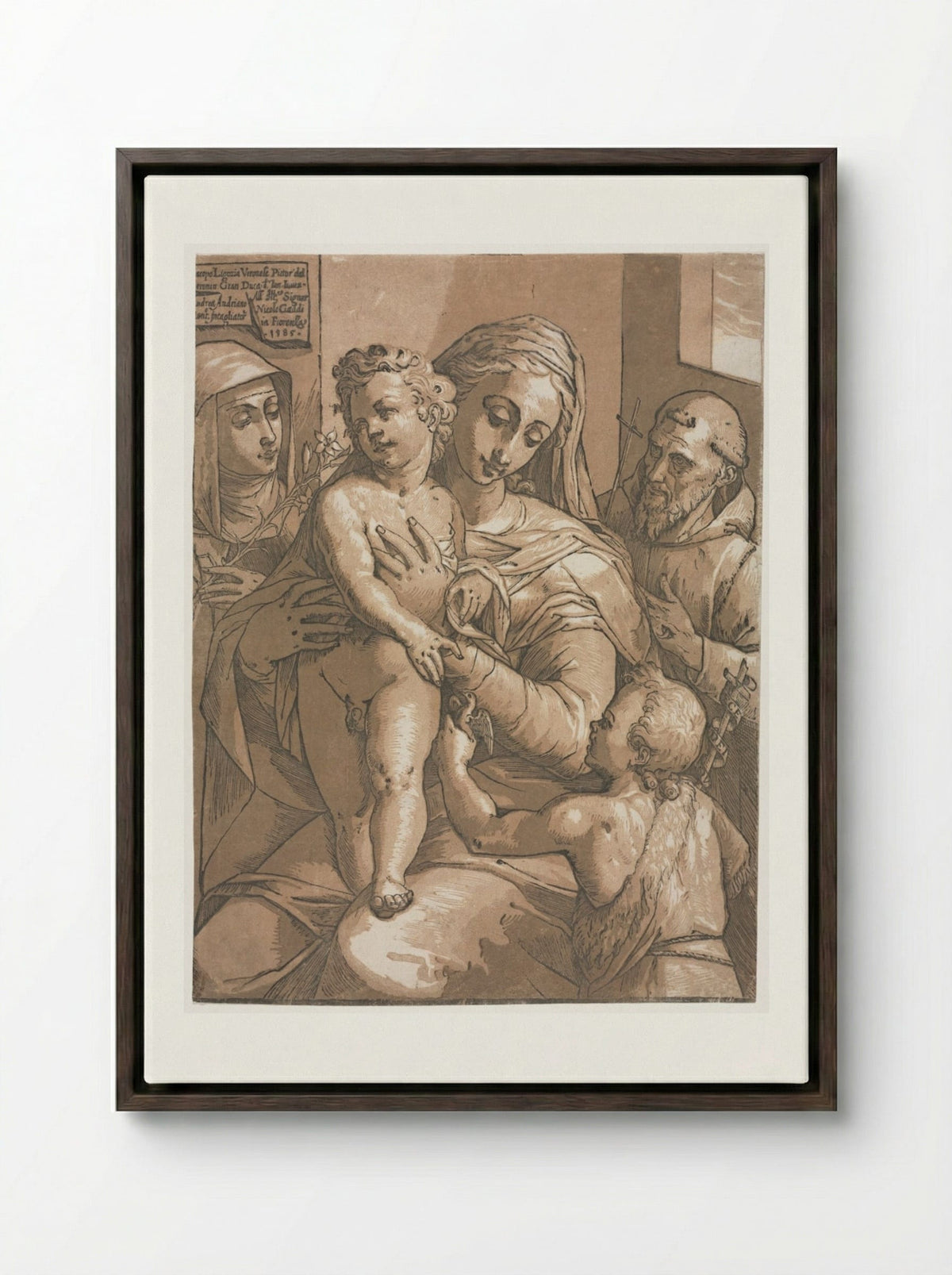 Virgin and Child with St. John, St. Catherine of Siena and St. Francis - Andrea Andreani - Framed Canvas Dark Wood