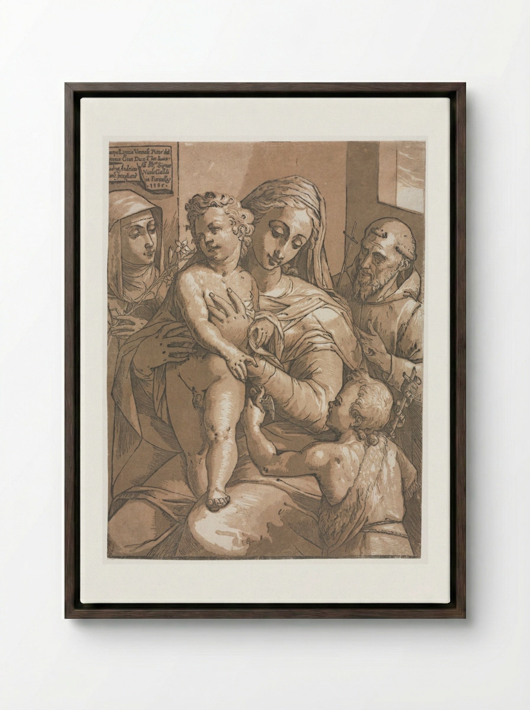 Virgin and Child with St. John, St. Catherine of Siena and St. Francis - Andrea Andreani - Framed Canvas Dark Wood