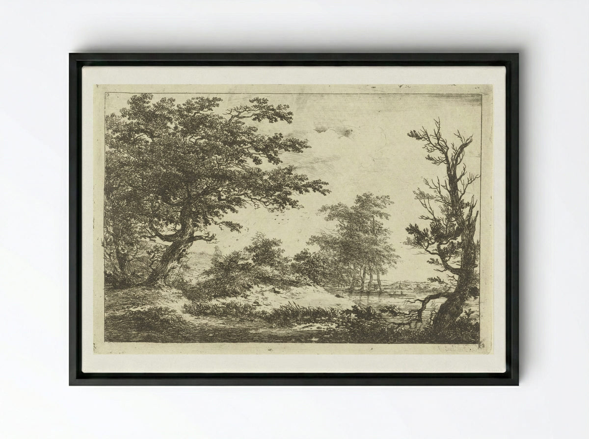 Landschap met heuvel, water en bomen - Hermanus van Brussel - Framed Canvas Black