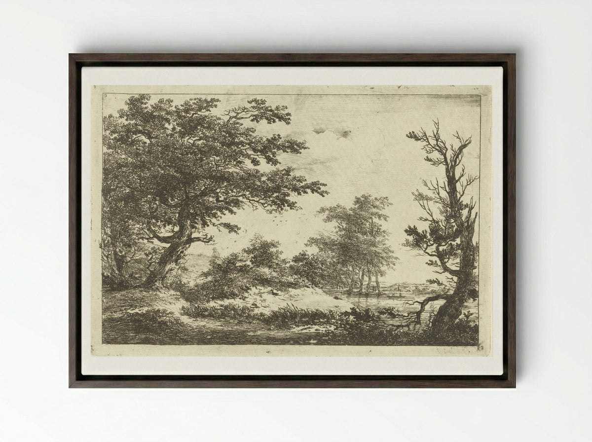 Landschap met heuvel, water en bomen - Hermanus van Brussel - Framed Canvas Dark Wood
