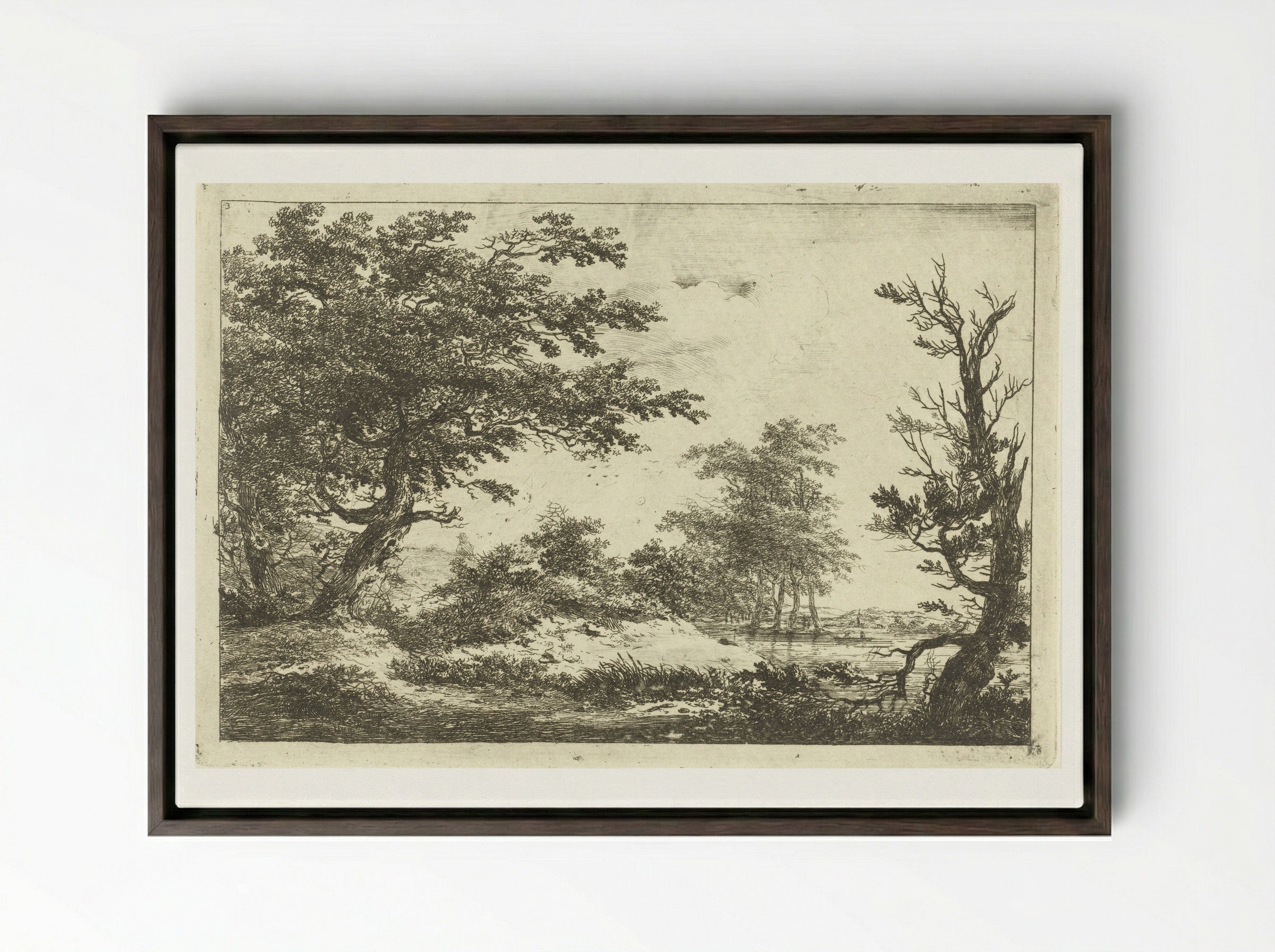 Landschap met heuvel, water en bomen - Hermanus van Brussel - Framed Canvas Dark Wood