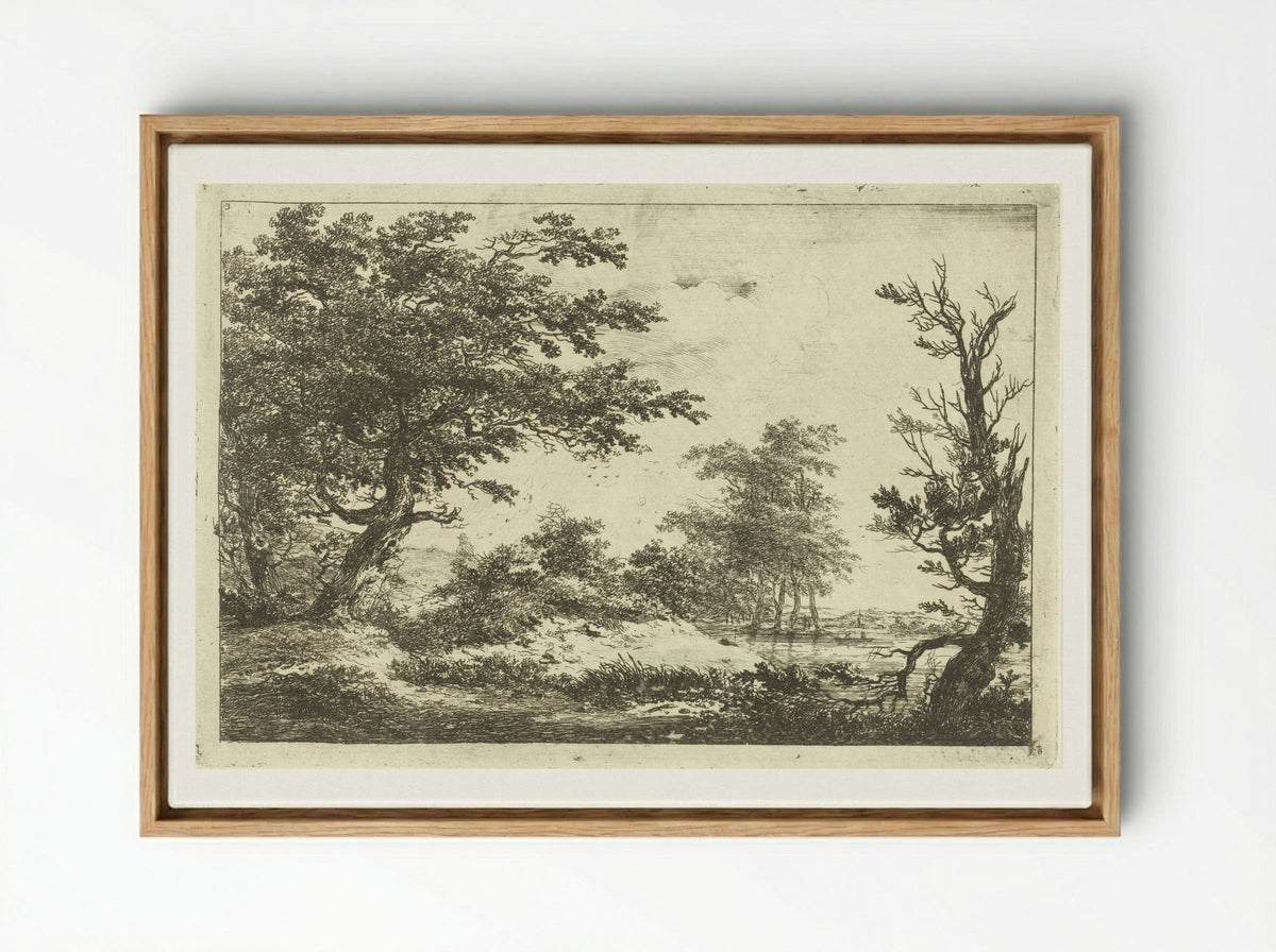 Landschap met heuvel, water en bomen - Hermanus van Brussel - Framed Canvas Wood
