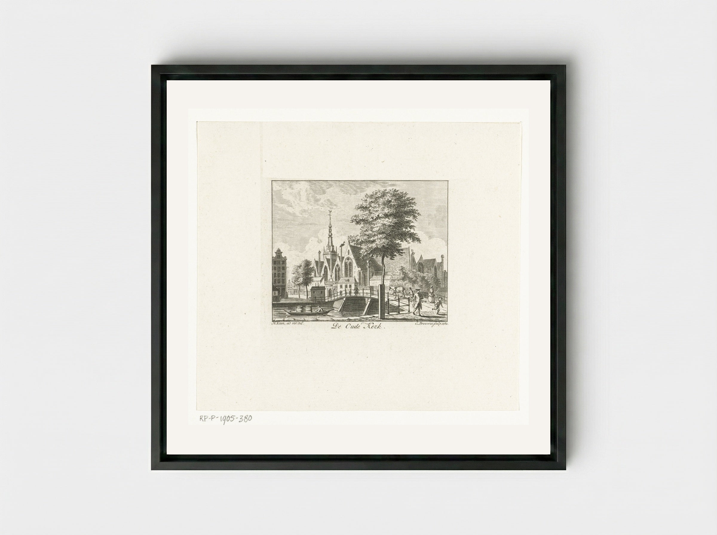 Stadsgezicht met Oude Kerk te Amsterdam - Cornelis Brouwer - Framed Canvas Black