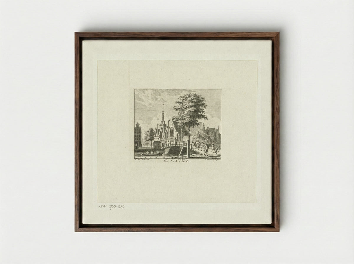 Stadsgezicht met Oude Kerk te Amsterdam - Cornelis Brouwer - Framed Canvas Dark Wood