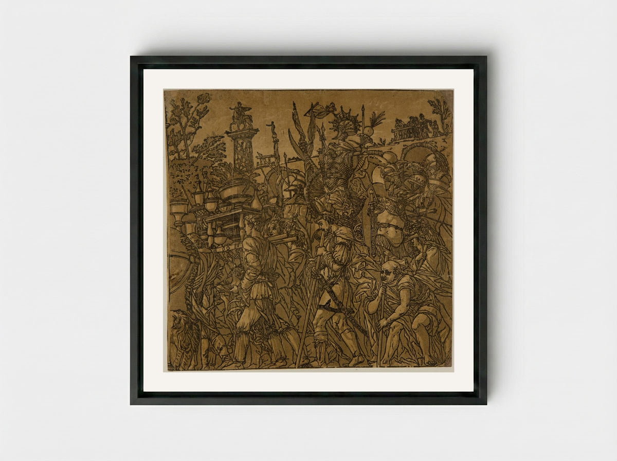 Triumph with Men Carrying Vases and Trophies - Andrea Andreani - Framed Canvas Black
