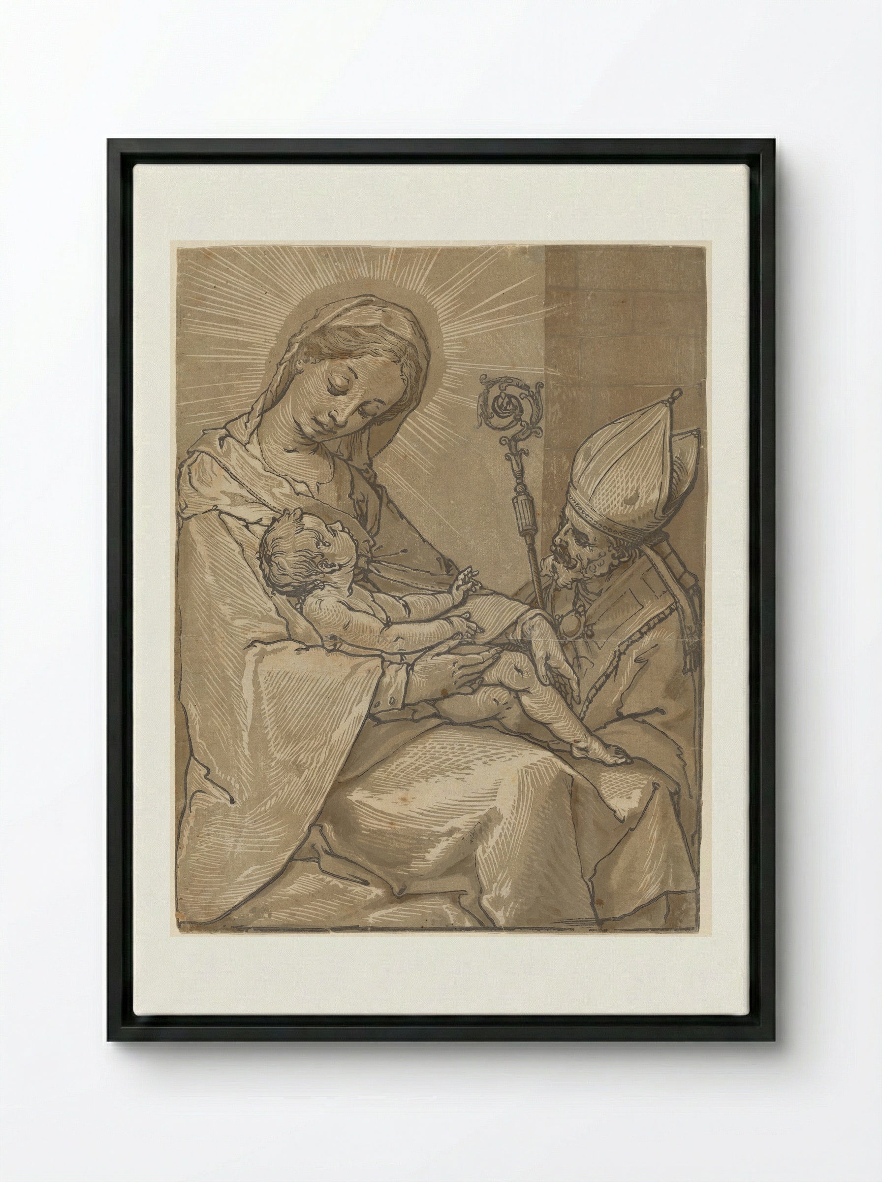Madonna and Child with a Bishop - Andrea Andreani - Framed Canvas Black