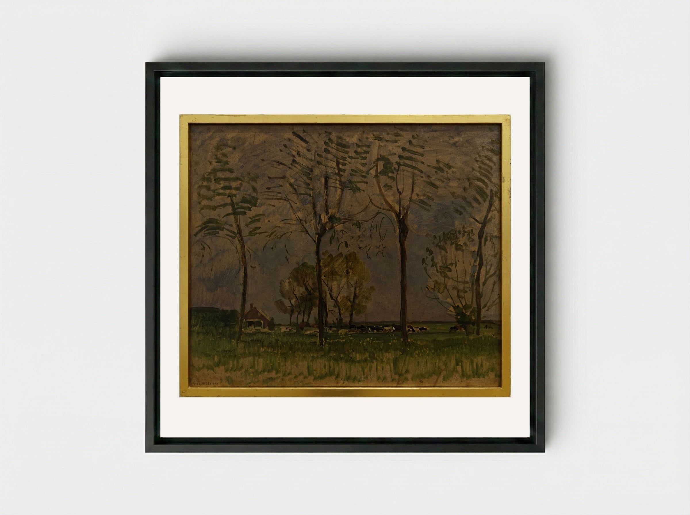 Field with Young Trees in the Foreground - Piet Mondrian - Framed Canvas Black