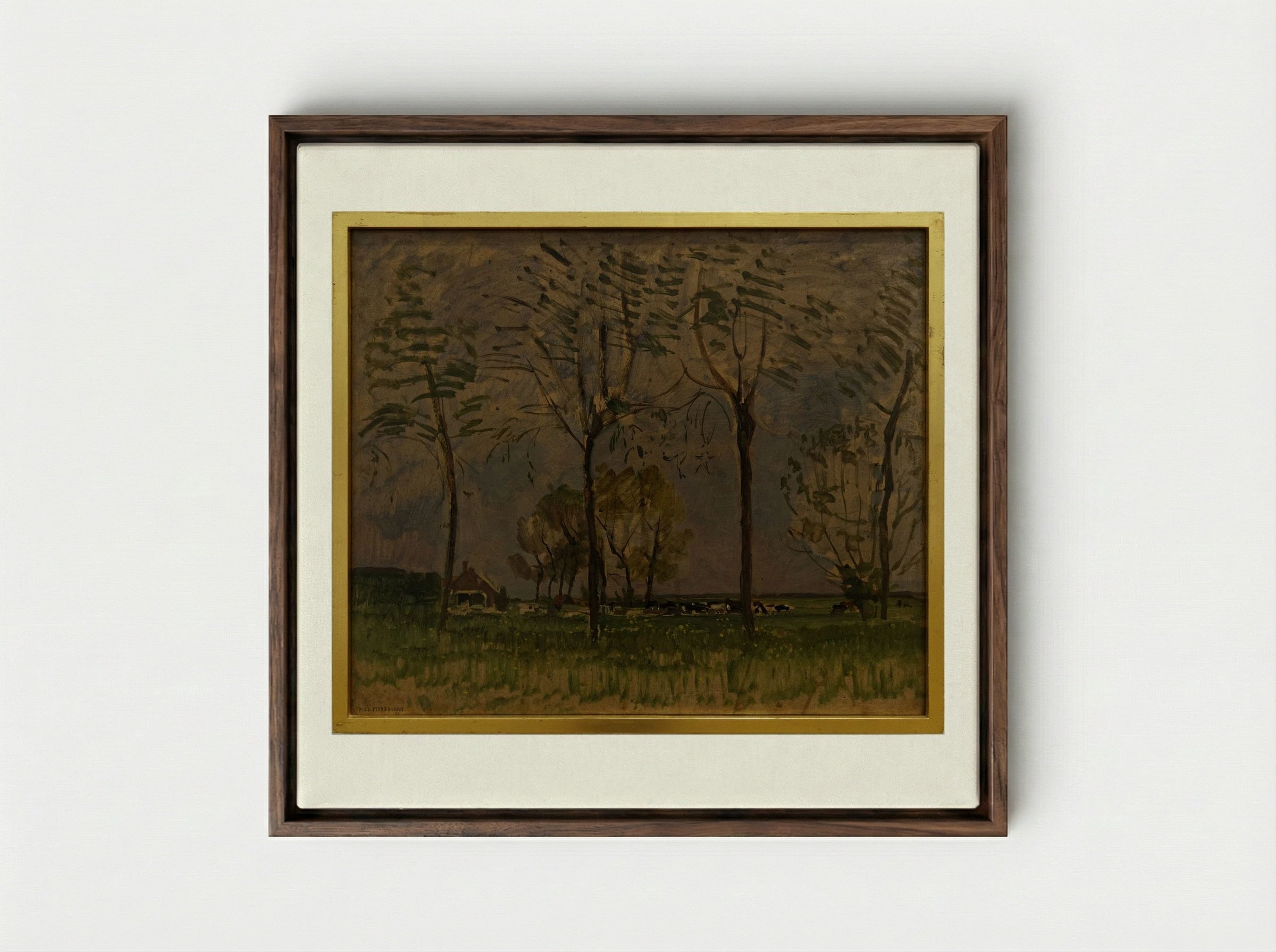 Field with Young Trees in the Foreground - Piet Mondrian - Framed Canvas Dark Wood