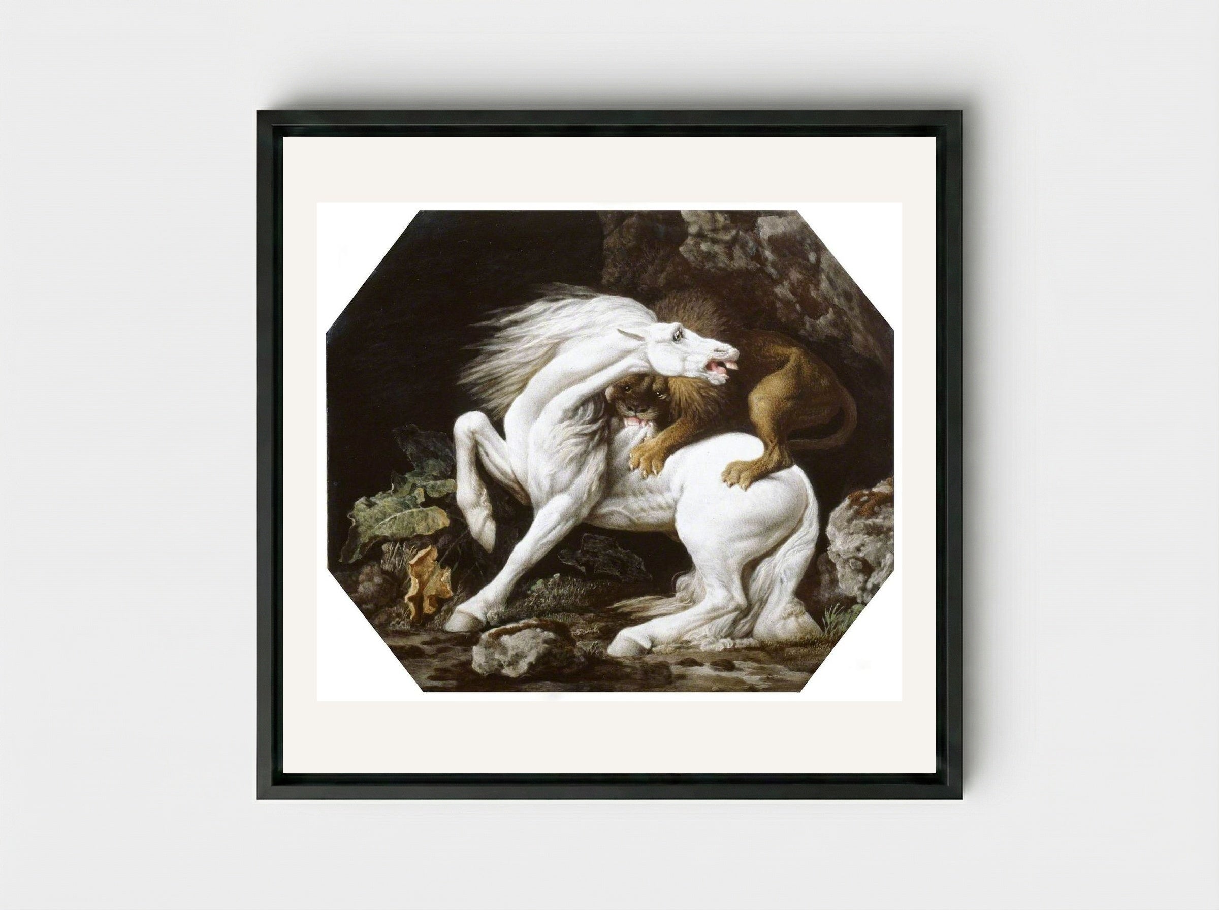 A Horse Attacked by a Lion - George Stubbs - Framed Canvas Black