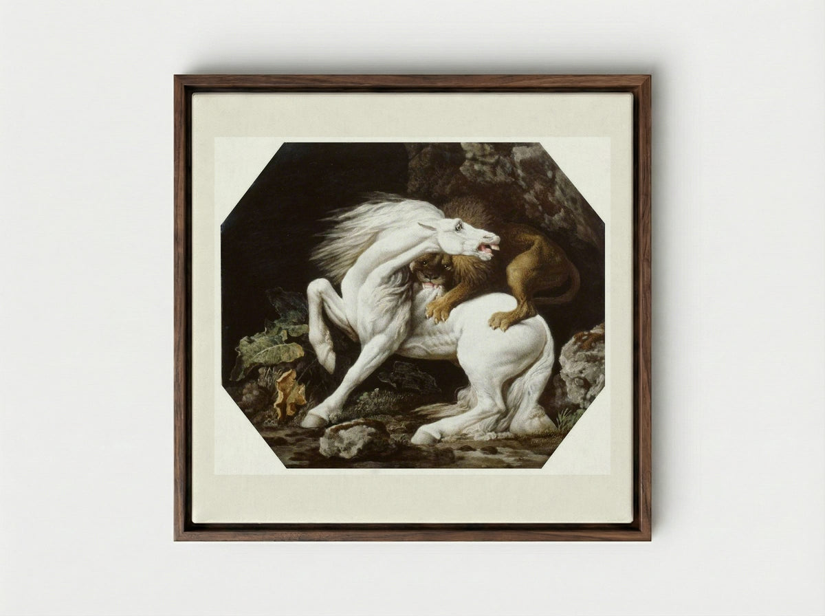 A Horse Attacked by a Lion - George Stubbs - Framed Canvas Dark Wood