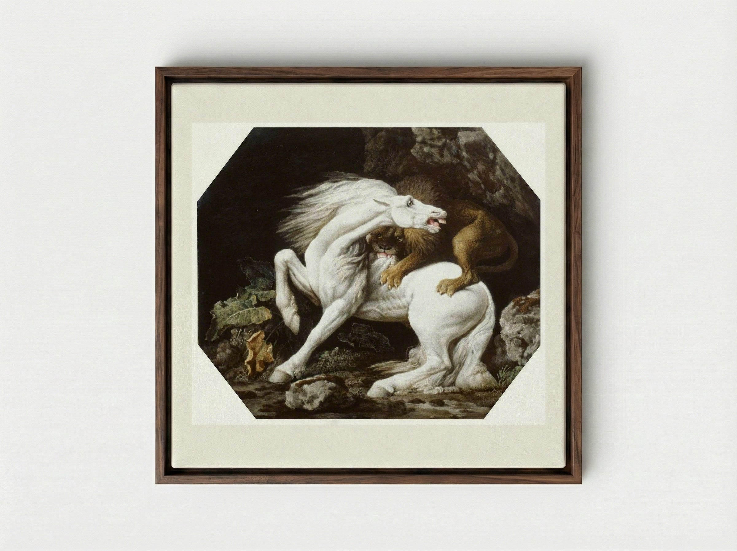 A Horse Attacked by a Lion - George Stubbs - Framed Canvas Dark Wood