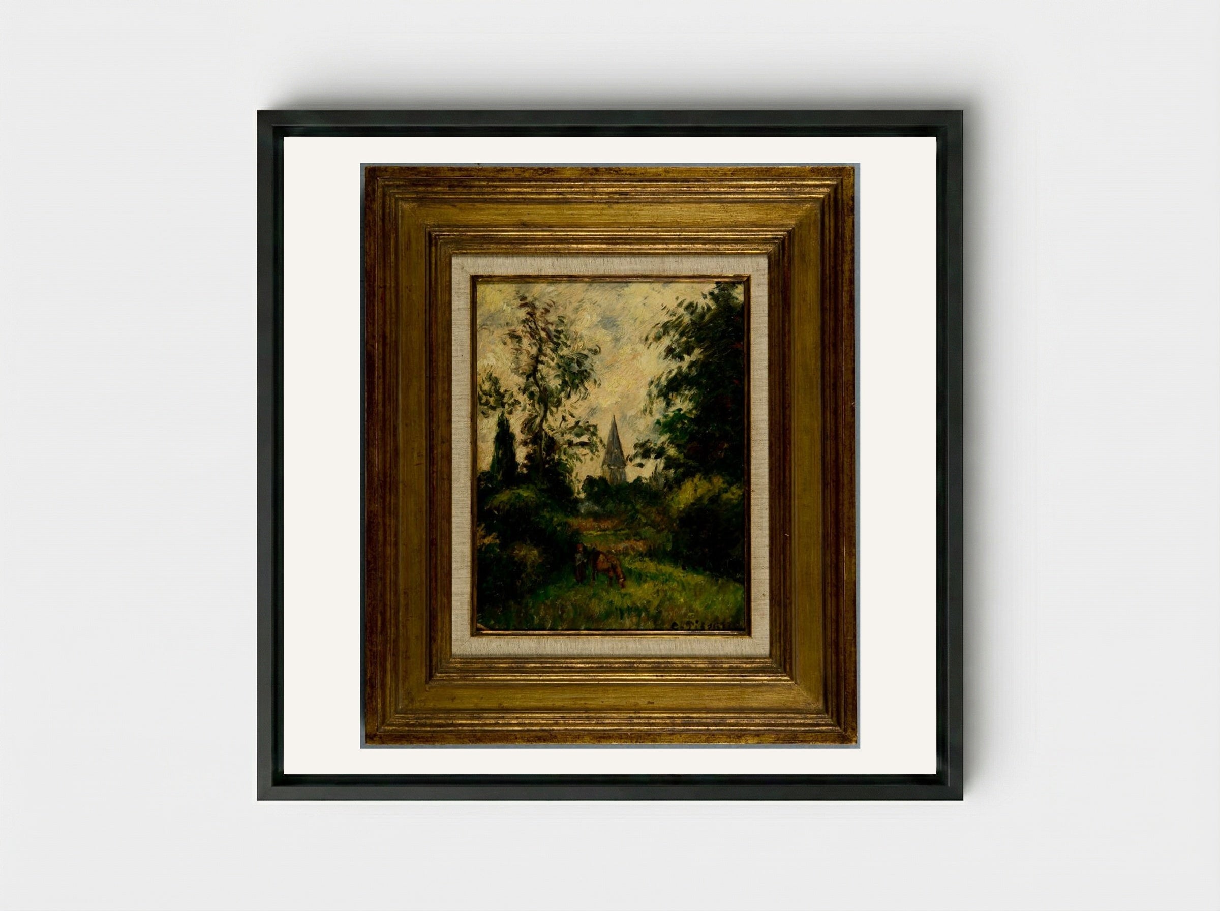 The Bell Tower at Bazancourt - Camille Pissarro - Framed Canvas Black