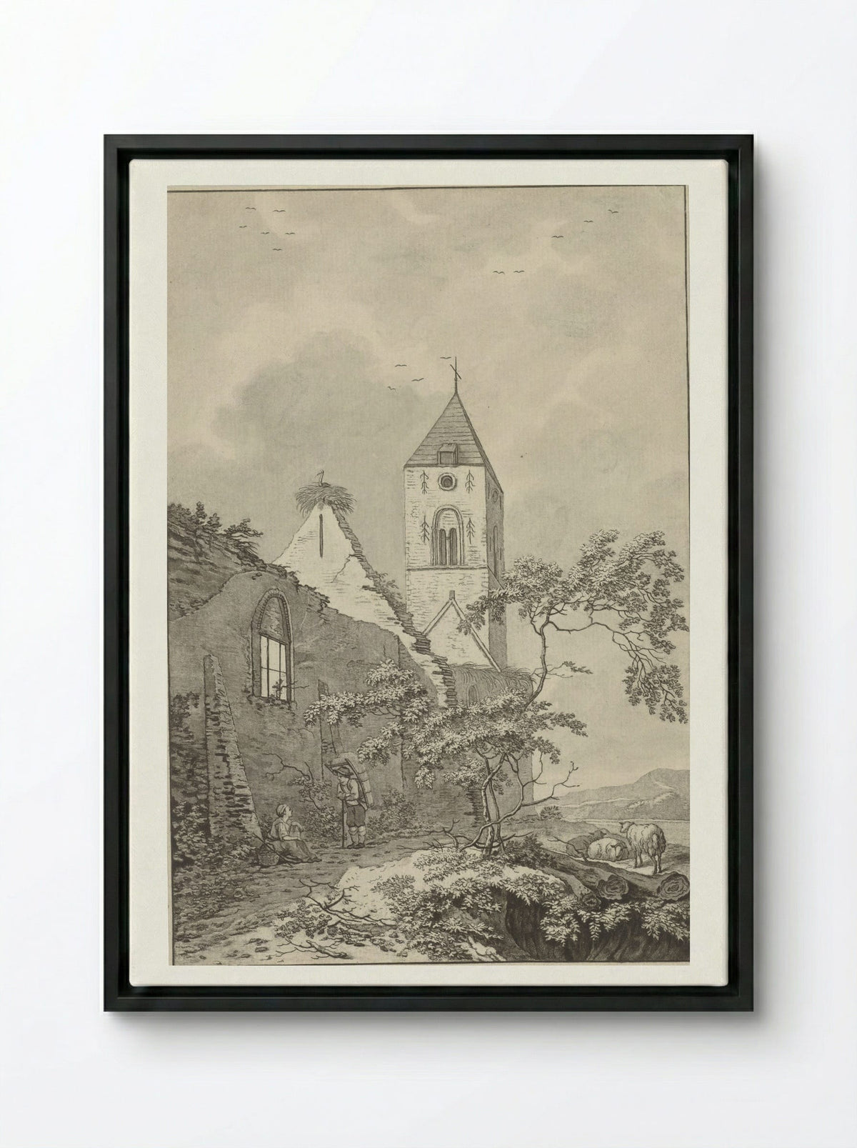 Two Resting Figures by a Church Ruin - Noach van der Meer (II) - Framed Canvas Black