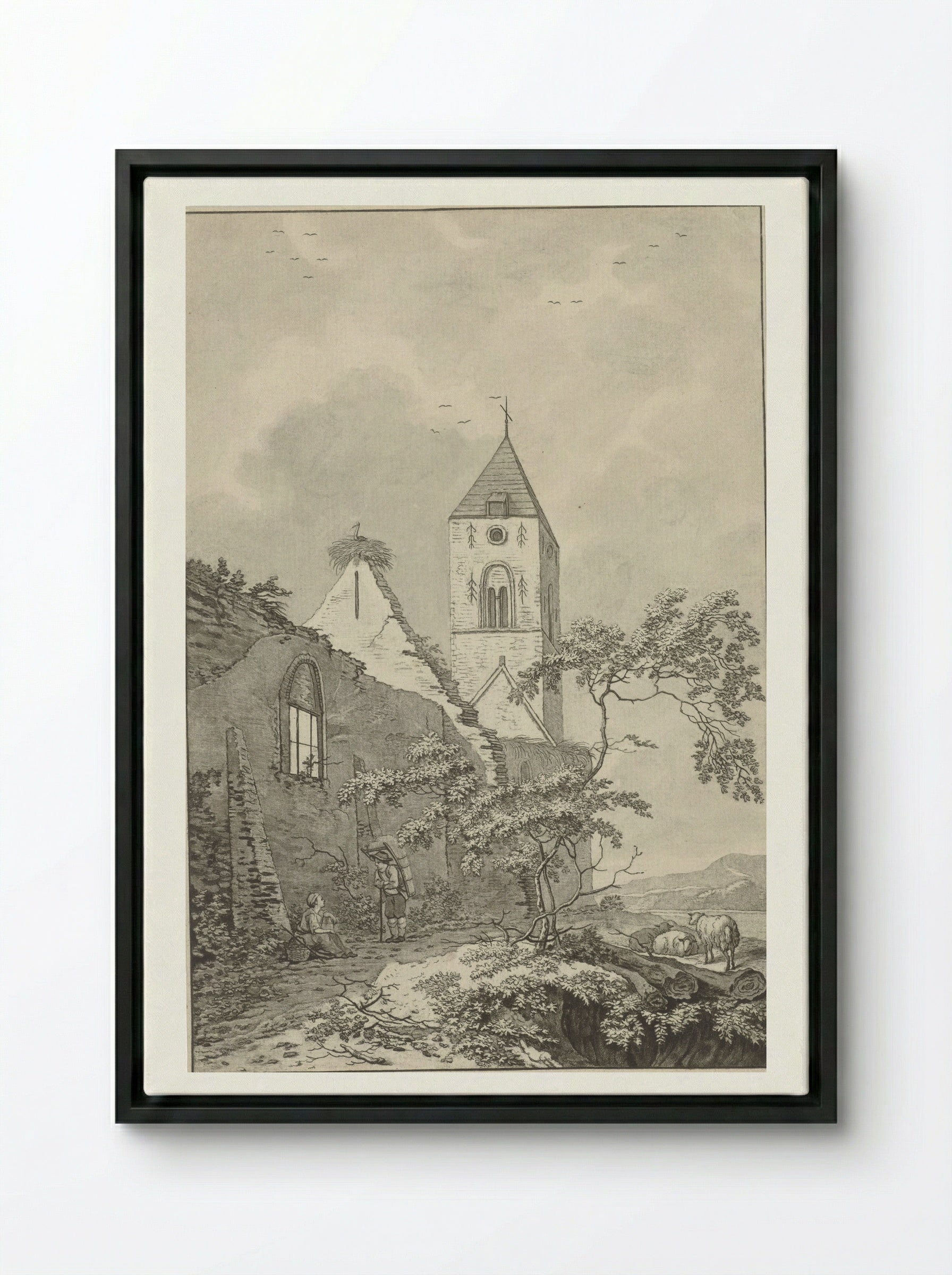 Two Resting Figures by a Church Ruin - Noach van der Meer (II) - Framed Canvas Black